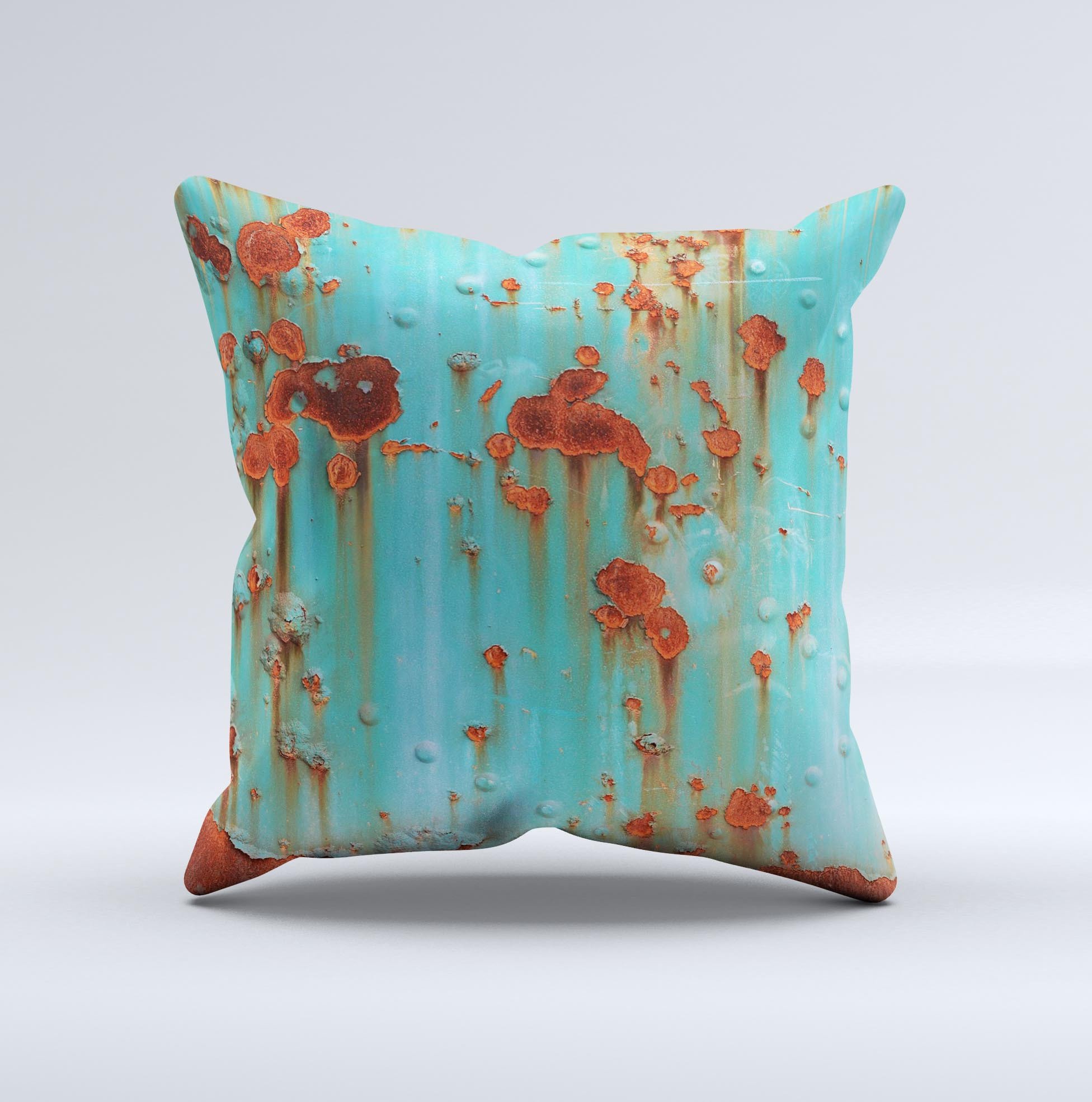 Teal Painted Rustic Metal ink-Fuzed Decorative Throw Pillow showcasing unique hand-made design and high-quality fabric.