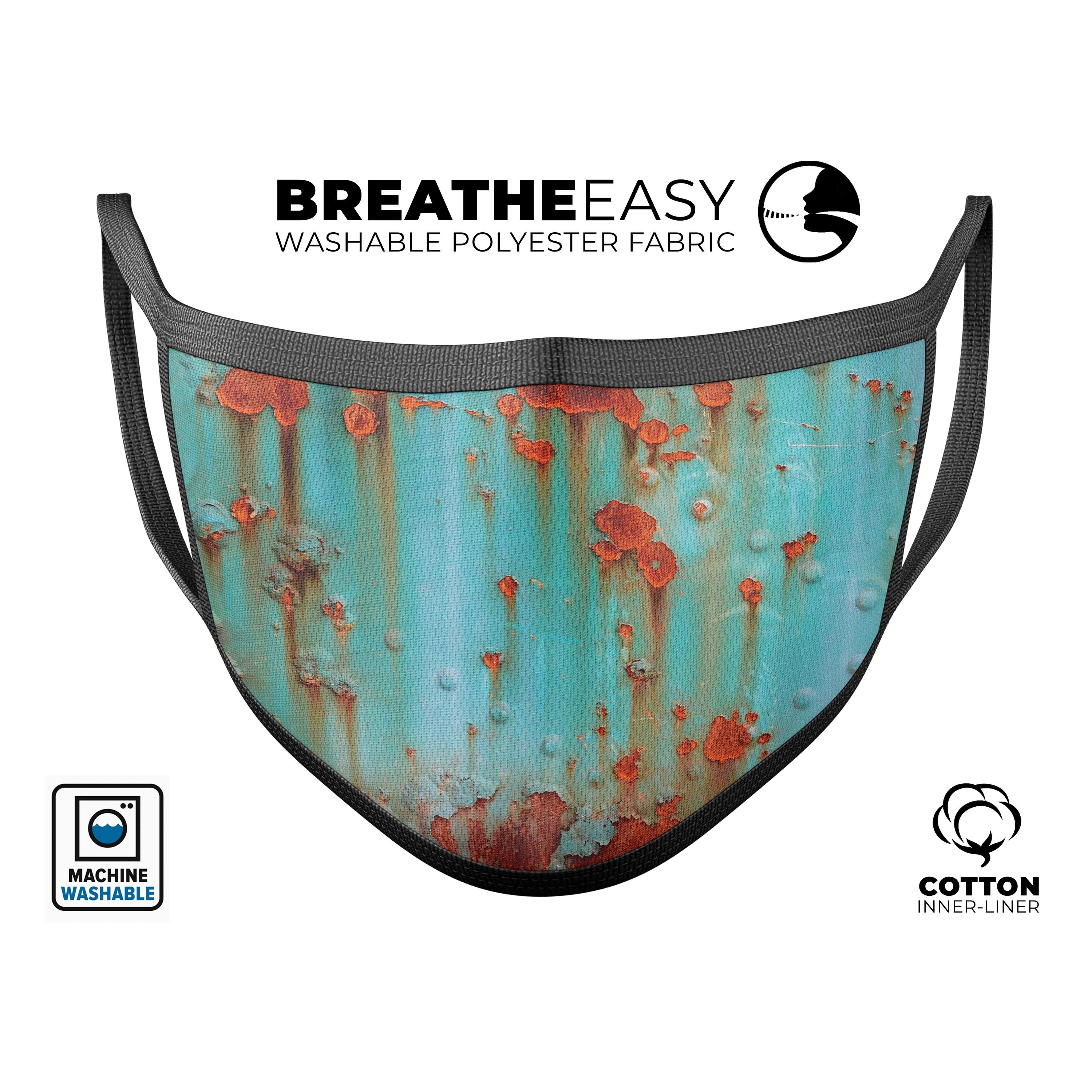 Teal Painted Rustic Metal mouth cover, unisex anti-dust mask made in the USA, featuring adjustable ear loops and a comfortable cotton interior.