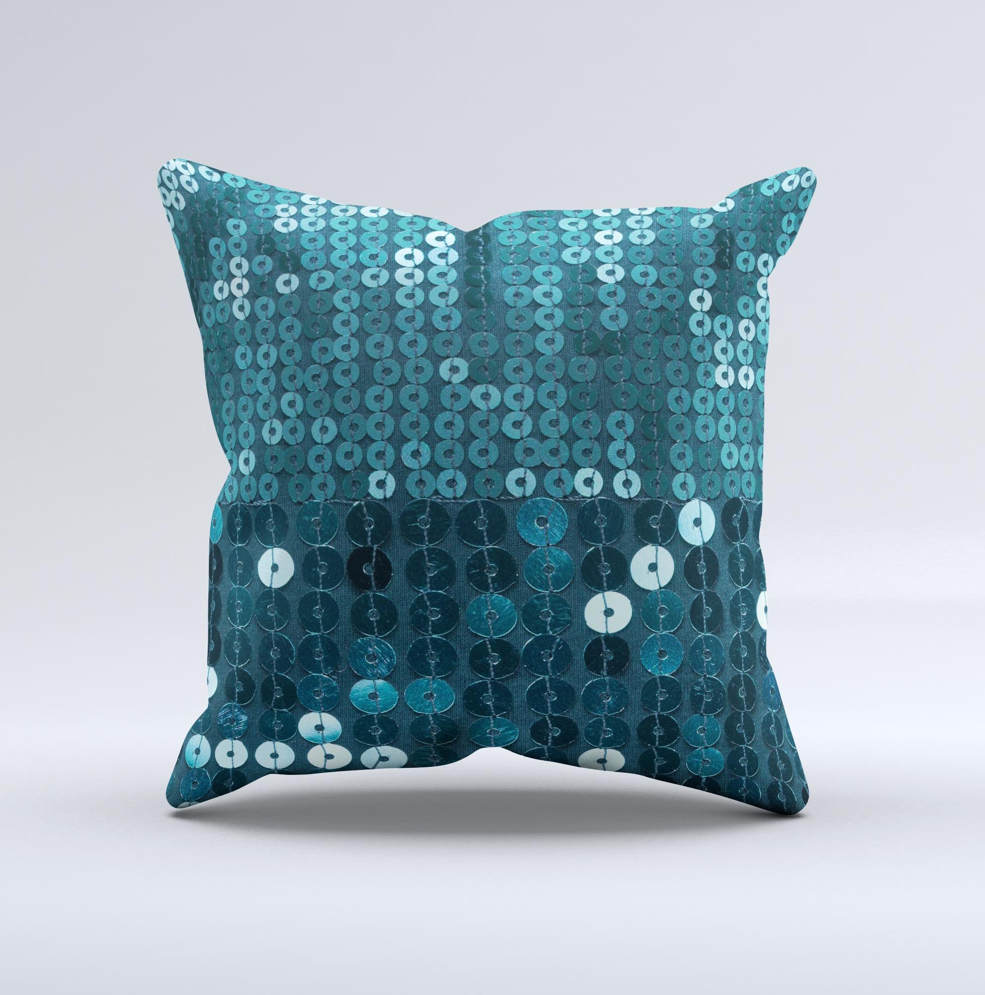 Teal Sequences Ink-Fuzed Decorative Throw Pillow showcasing unique hand-produced design and high-quality fabric.