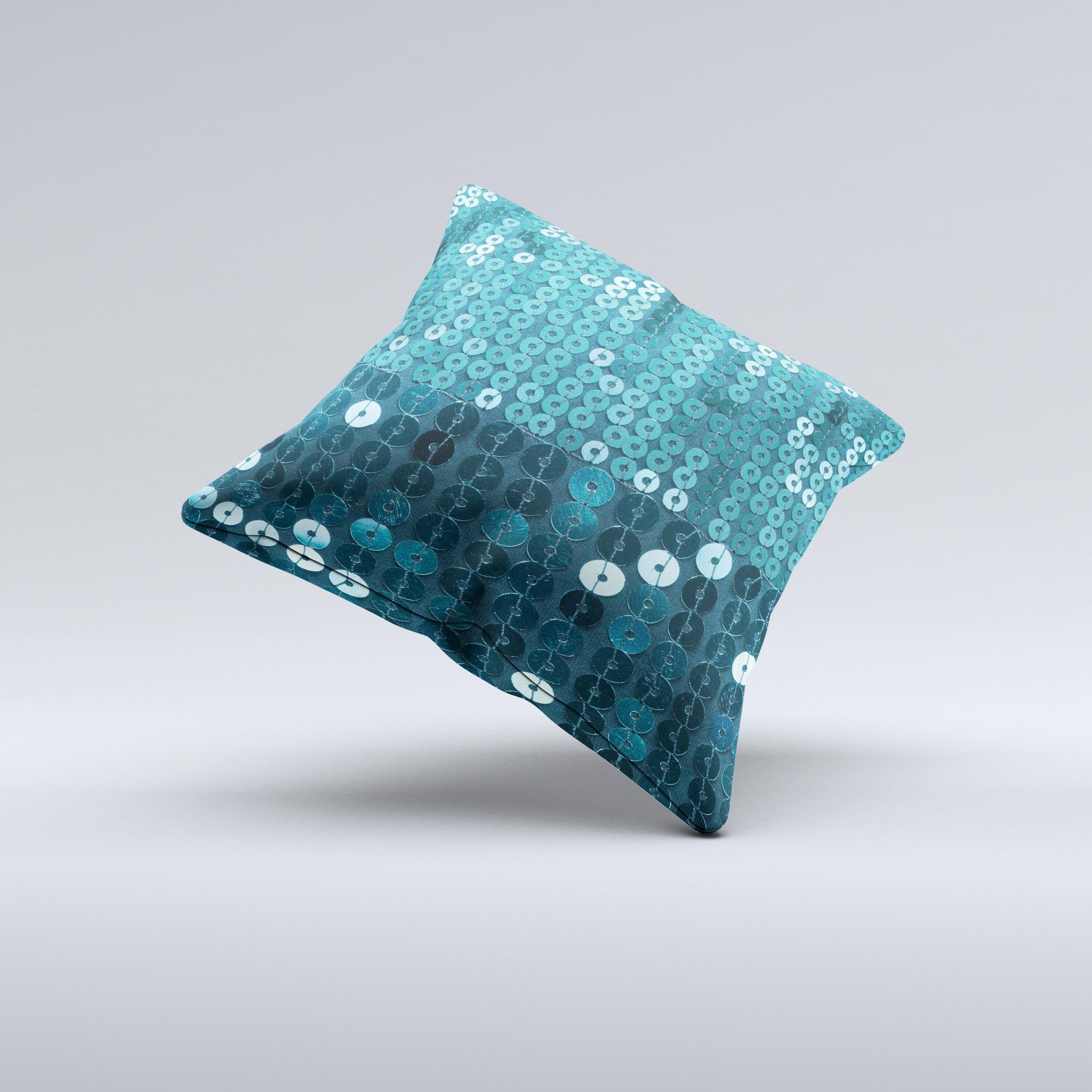 Teal Sequences Ink-Fuzed Decorative Throw Pillow showcasing unique hand-produced design and high-quality fabric.