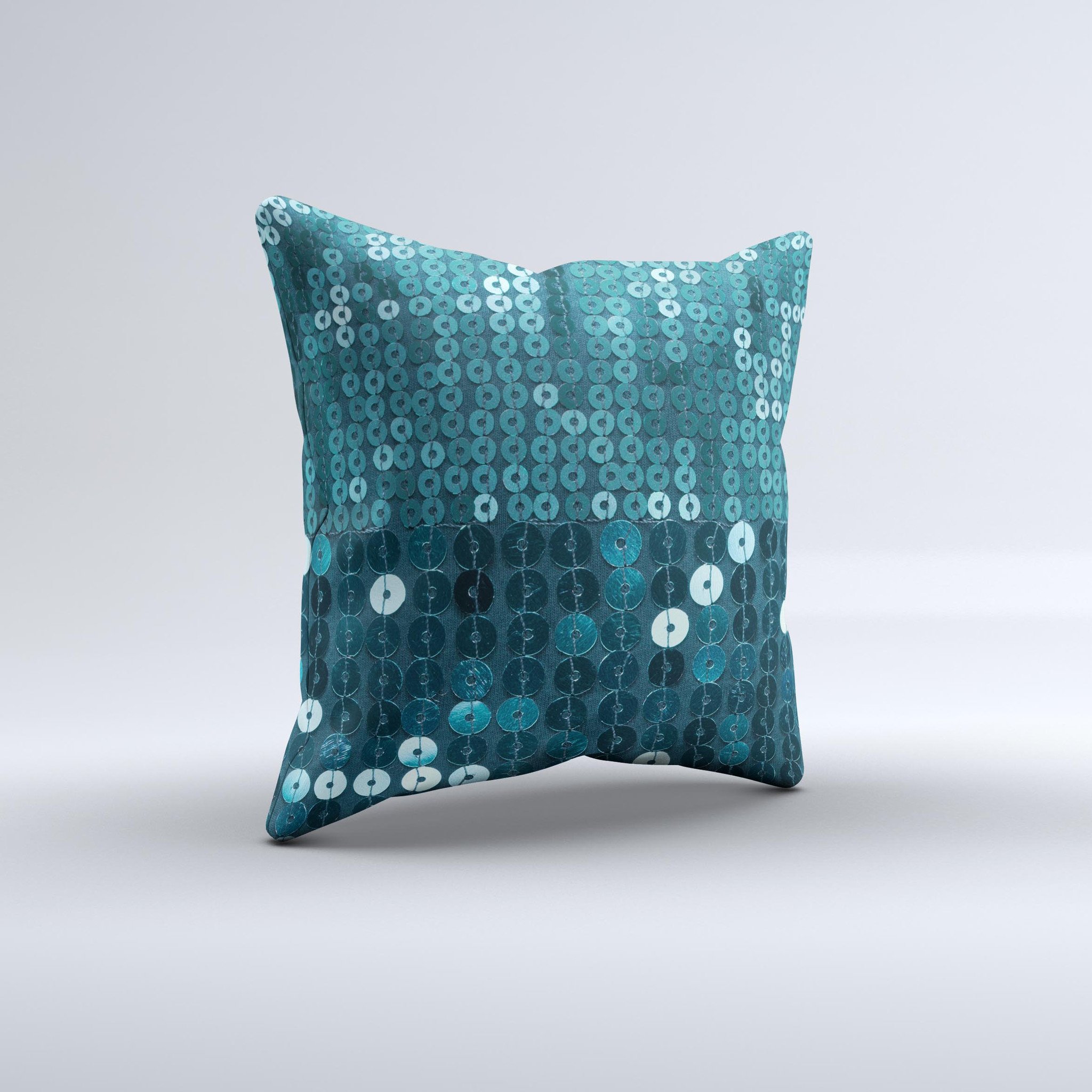 Teal Sequences Ink-Fuzed Decorative Throw Pillow showcasing unique hand-produced design and high-quality fabric.
