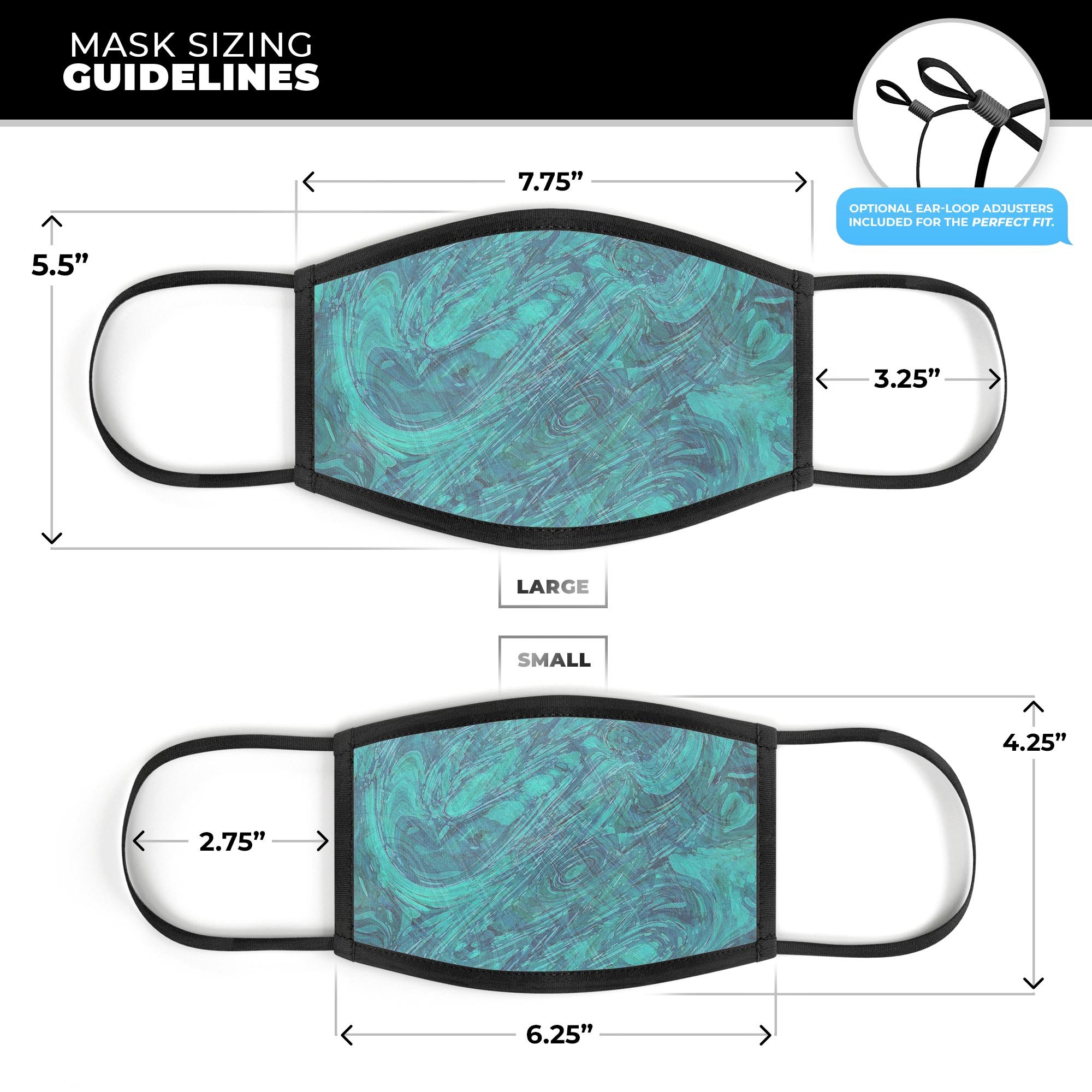 Teal Slate Marble Surface V48 mouth cover, showcasing vibrant colors and adjustable ear loops for a comfortable fit.