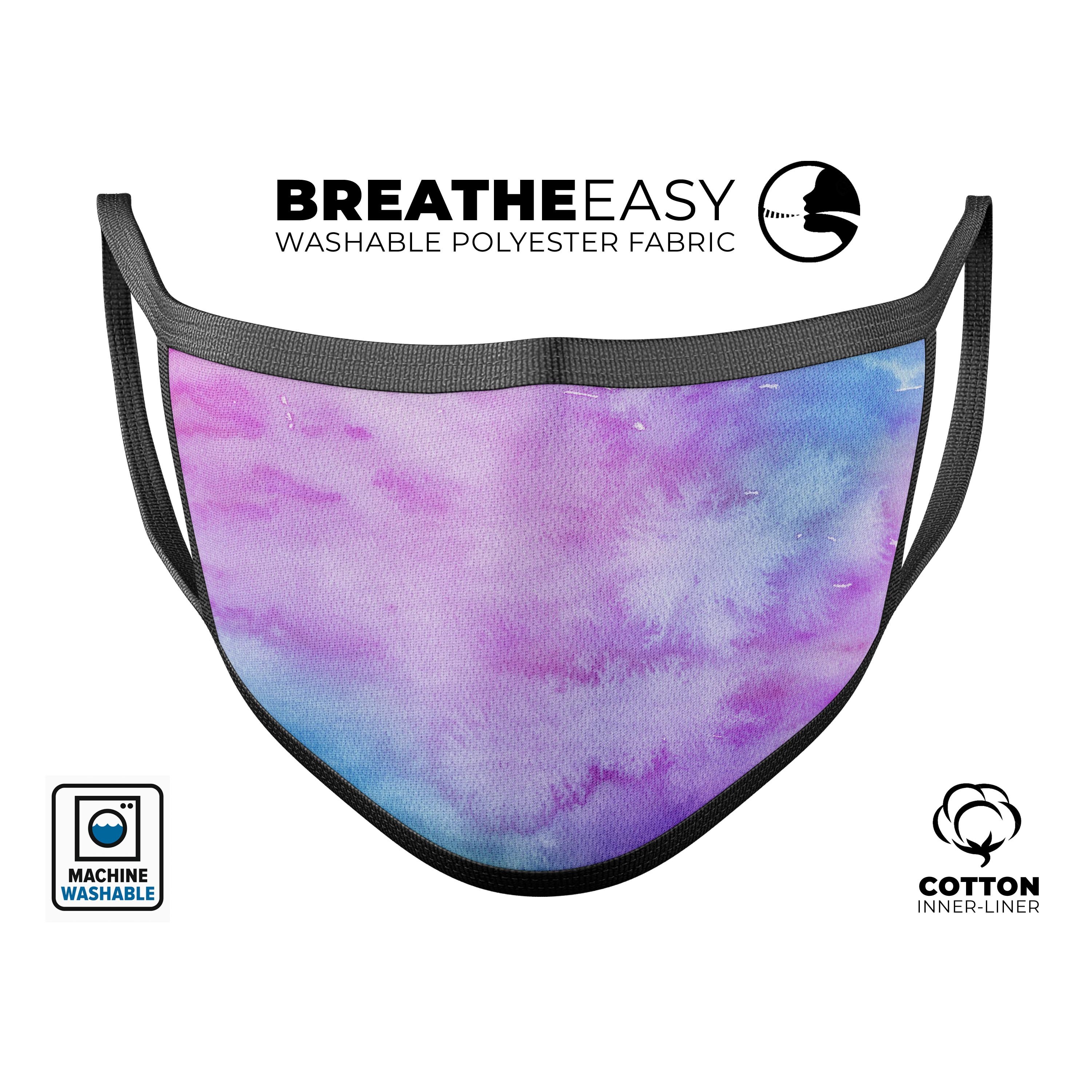 Teal to Pink 00424 Absorbed Watercolor Texture face mask, showcasing vibrant colors and adjustable ear-loops.