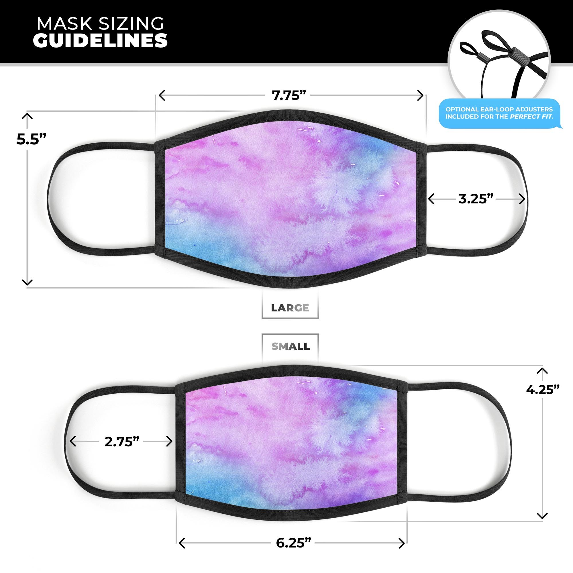 Teal to Pink 00424 Absorbed Watercolor Texture face mask, showcasing vibrant colors and adjustable ear-loops.