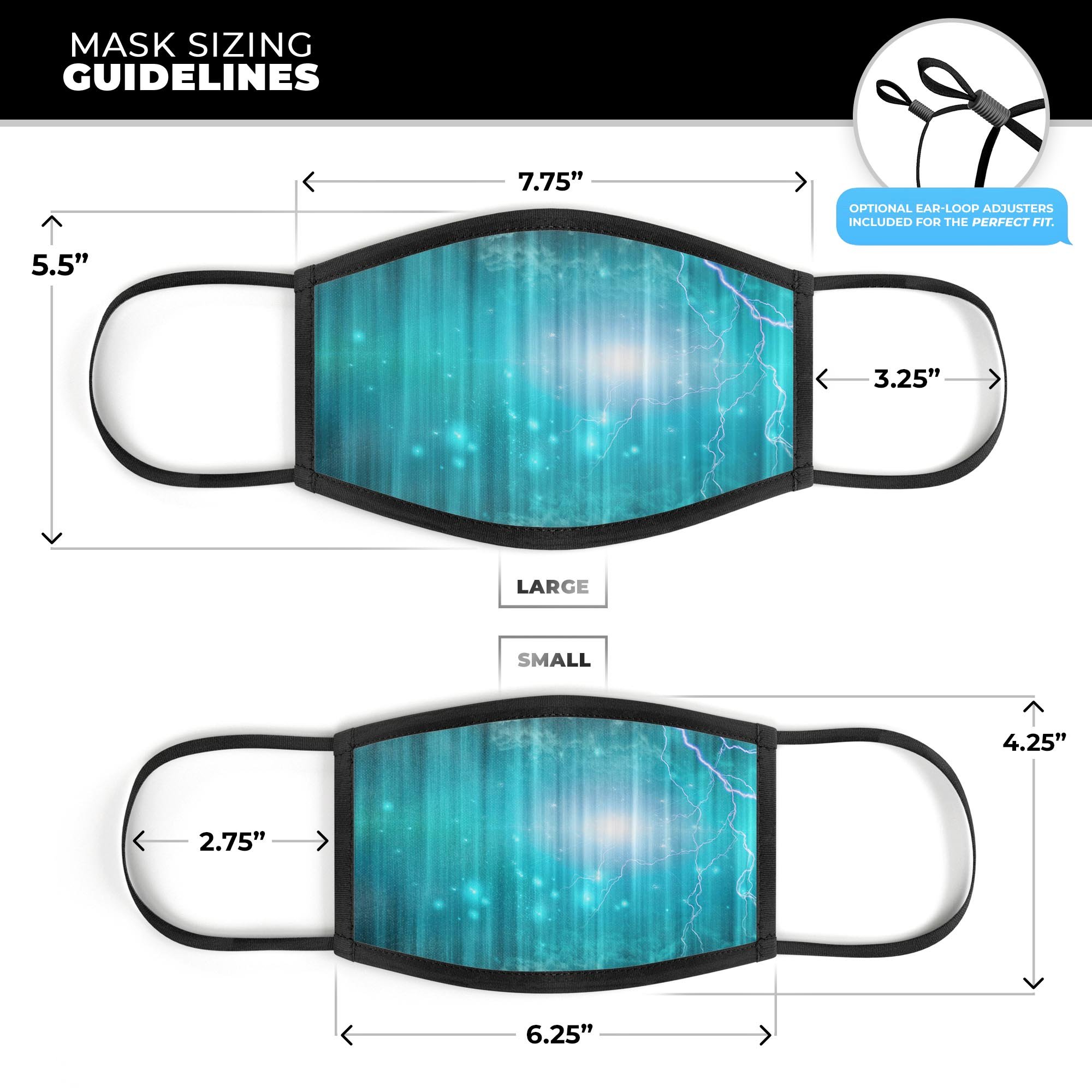 Teal Twilight Zone face mask with lightning design, showcasing adjustable ear-loops and soft cotton interior for comfort.