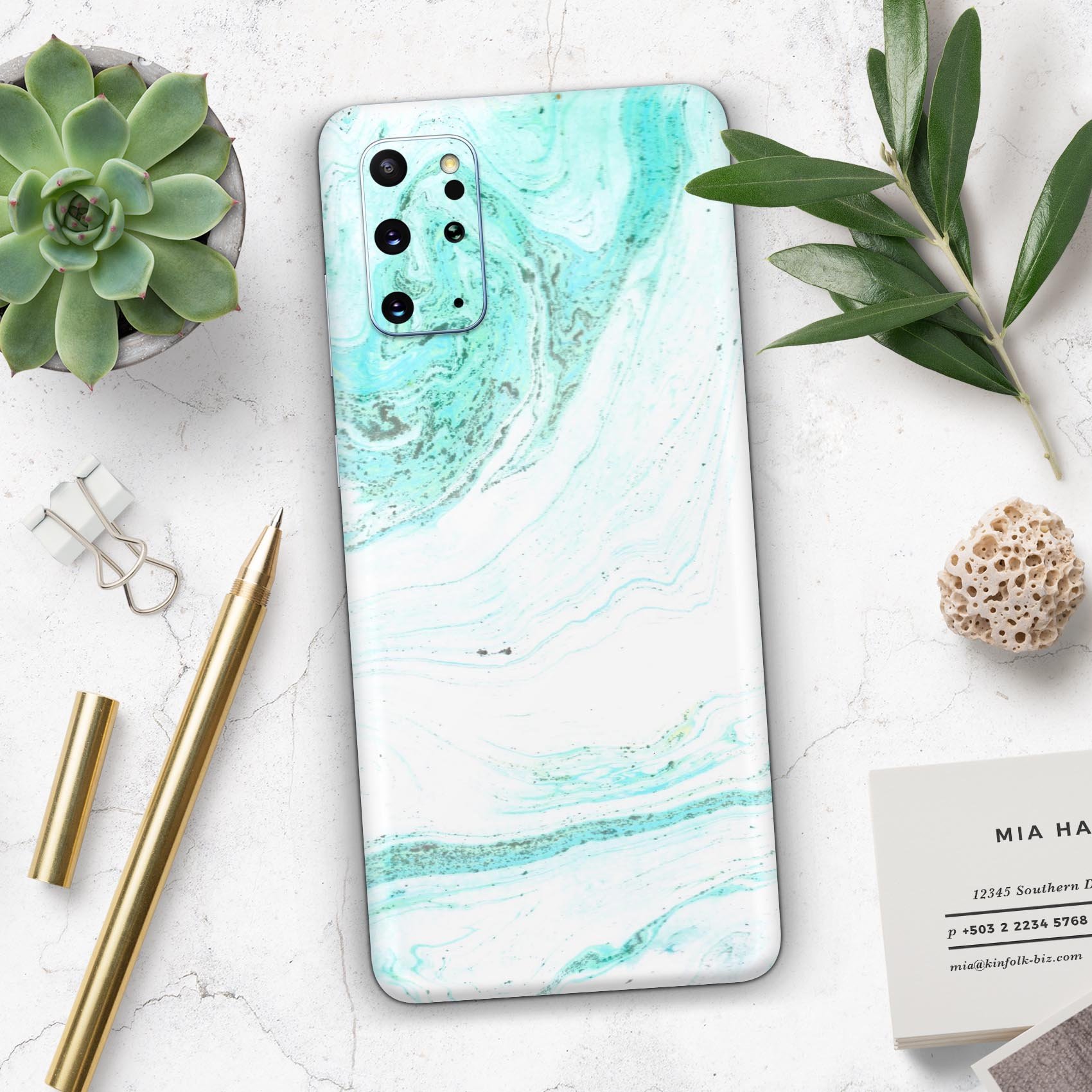 Teal v4 Textured Marble Skin-Kit for Samsung Galaxy S-Series, showcasing a stylish design with a textured marble finish.