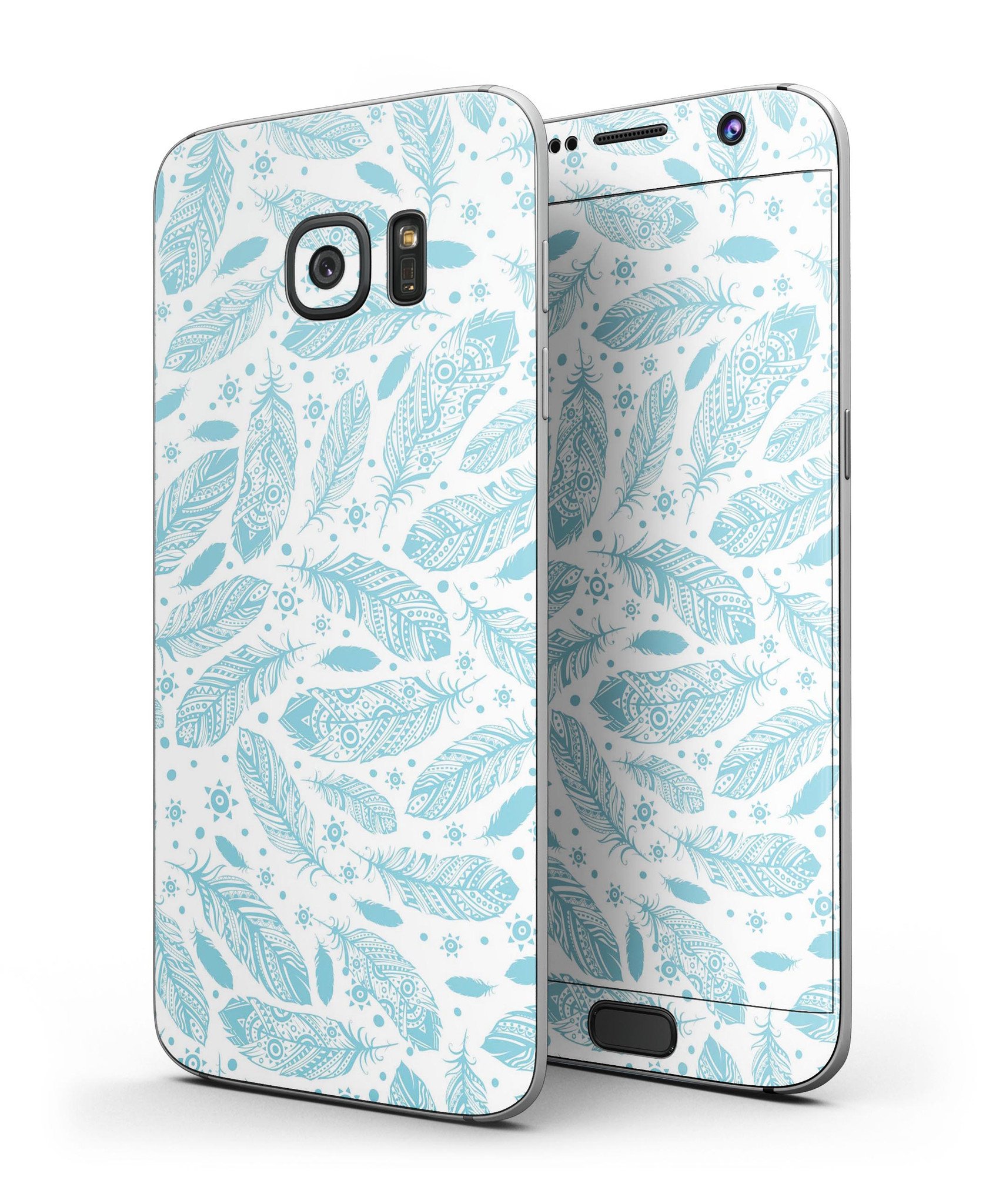 Teal Zendoodle Feathers skin for Samsung Galaxy S7, showcasing vibrant colors and intricate feather designs.