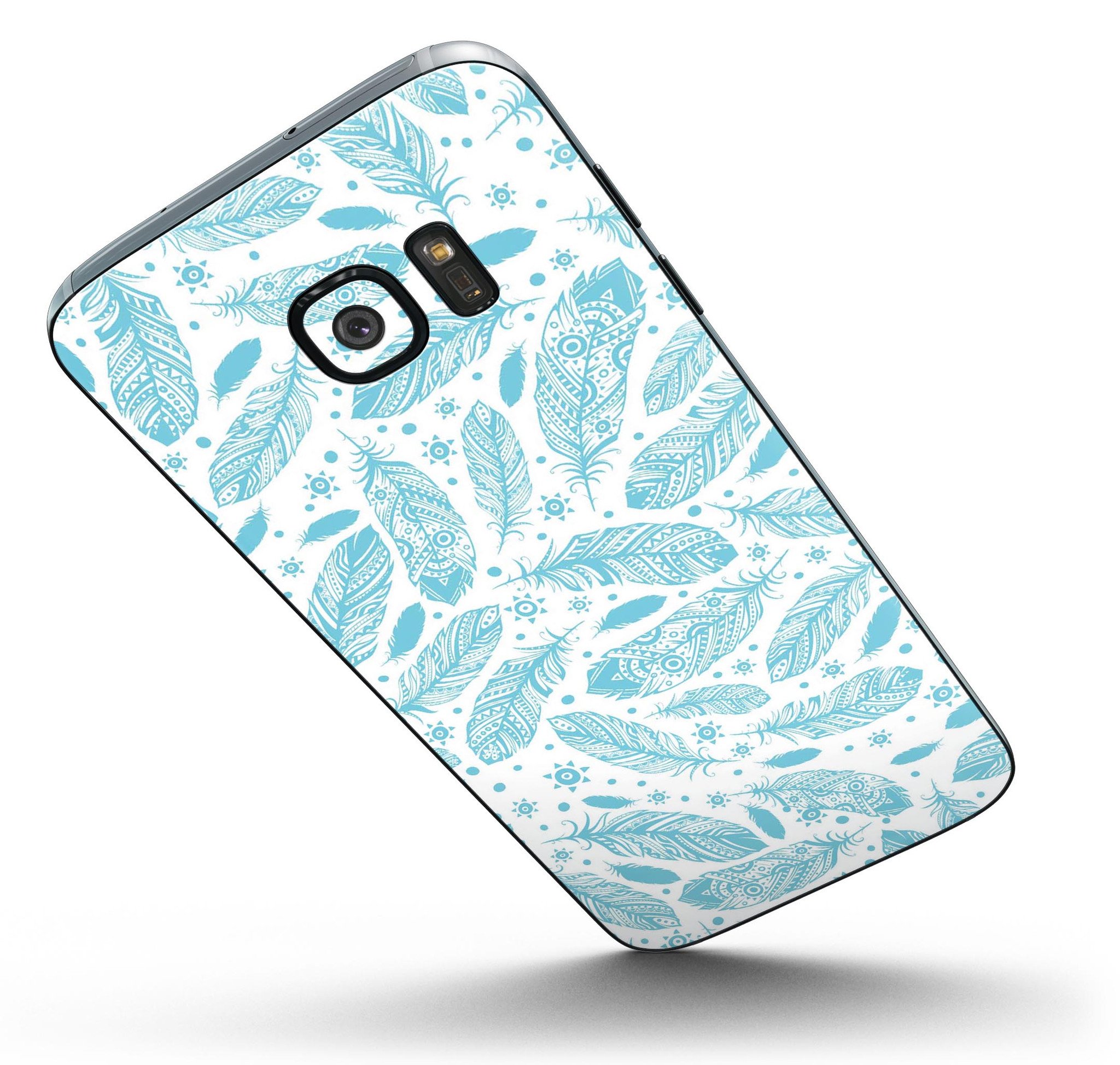 Teal Zendoodle Feathers skin for Samsung Galaxy S7, showcasing vibrant colors and intricate feather designs.