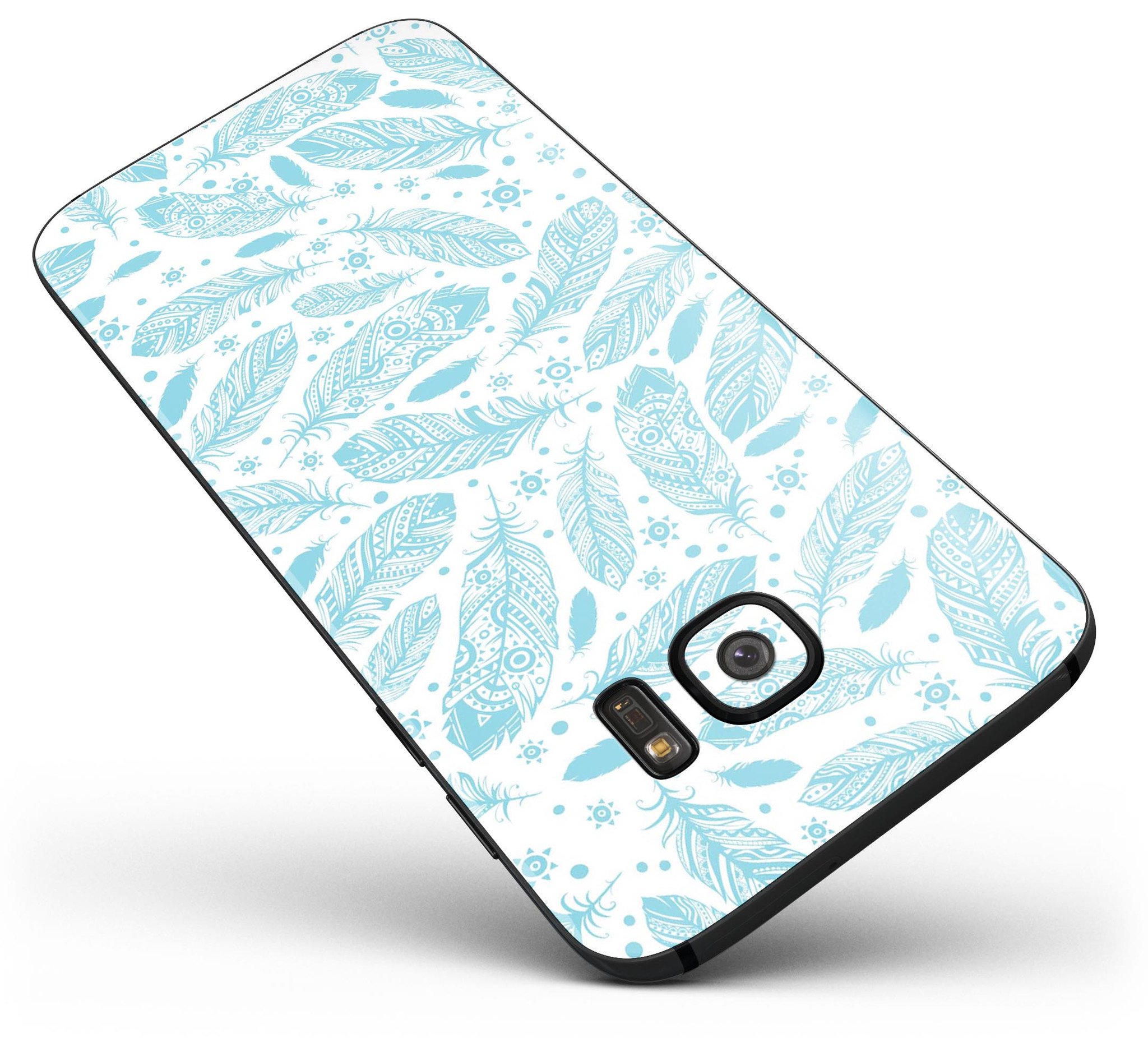 Teal Zendoodle Feathers skin for Samsung Galaxy S7, showcasing vibrant colors and intricate feather designs.