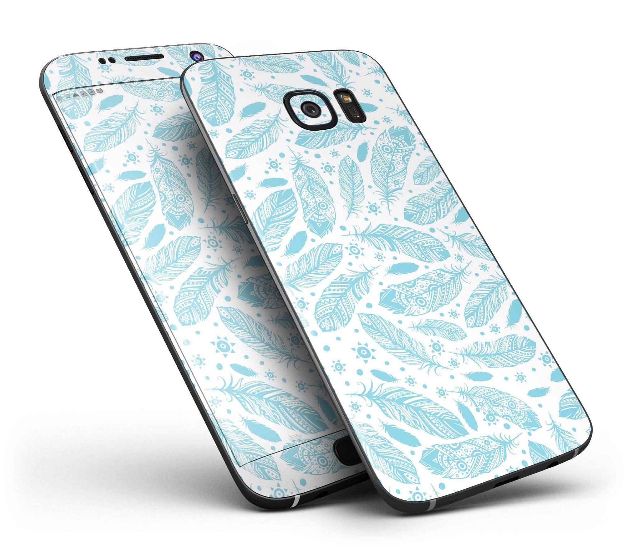 Teal Zendoodle Feathers skin for Samsung Galaxy S7, showcasing vibrant colors and intricate feather designs.