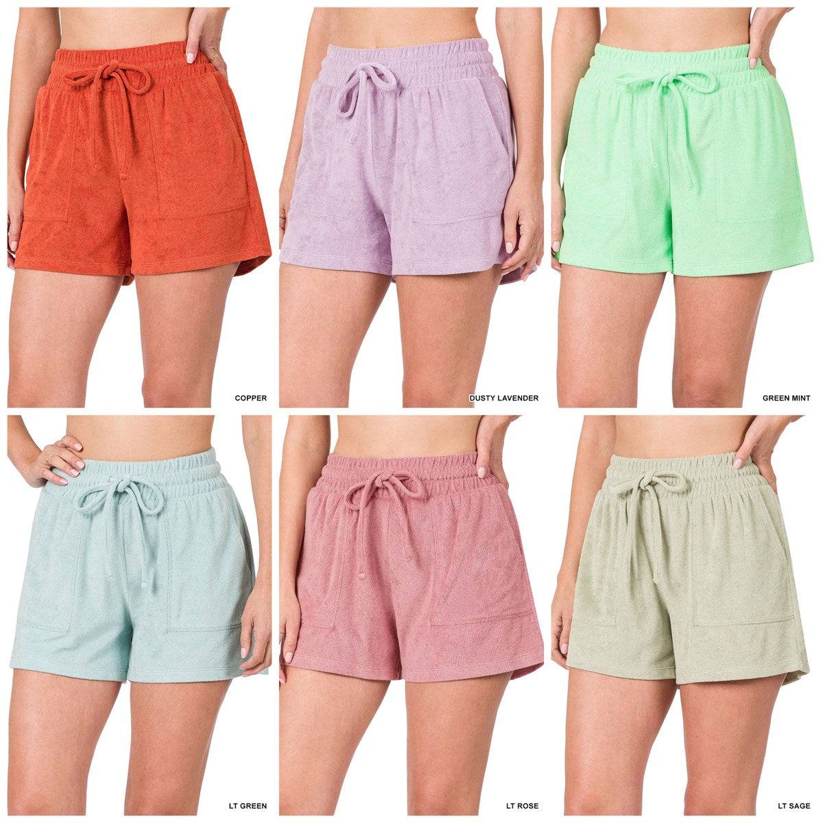 Terry drawstring waist shorts with pockets, showcasing soft fabric and elastic waistband, perfect for casual wear.