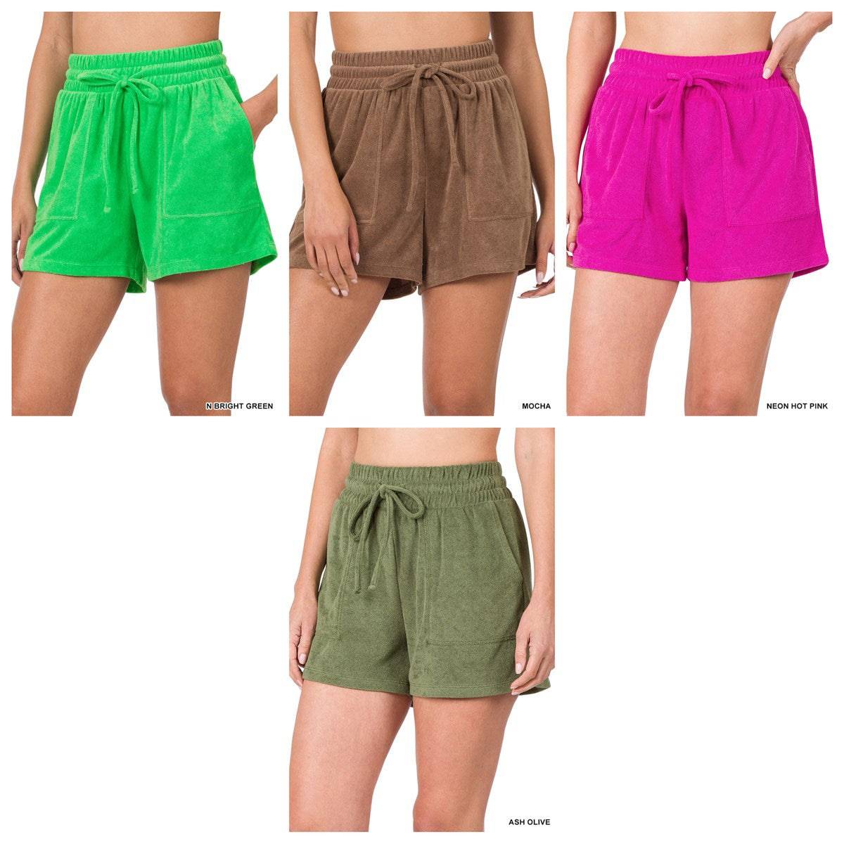 Terry drawstring waist shorts with pockets, showcasing soft fabric and elastic waistband, perfect for casual wear.