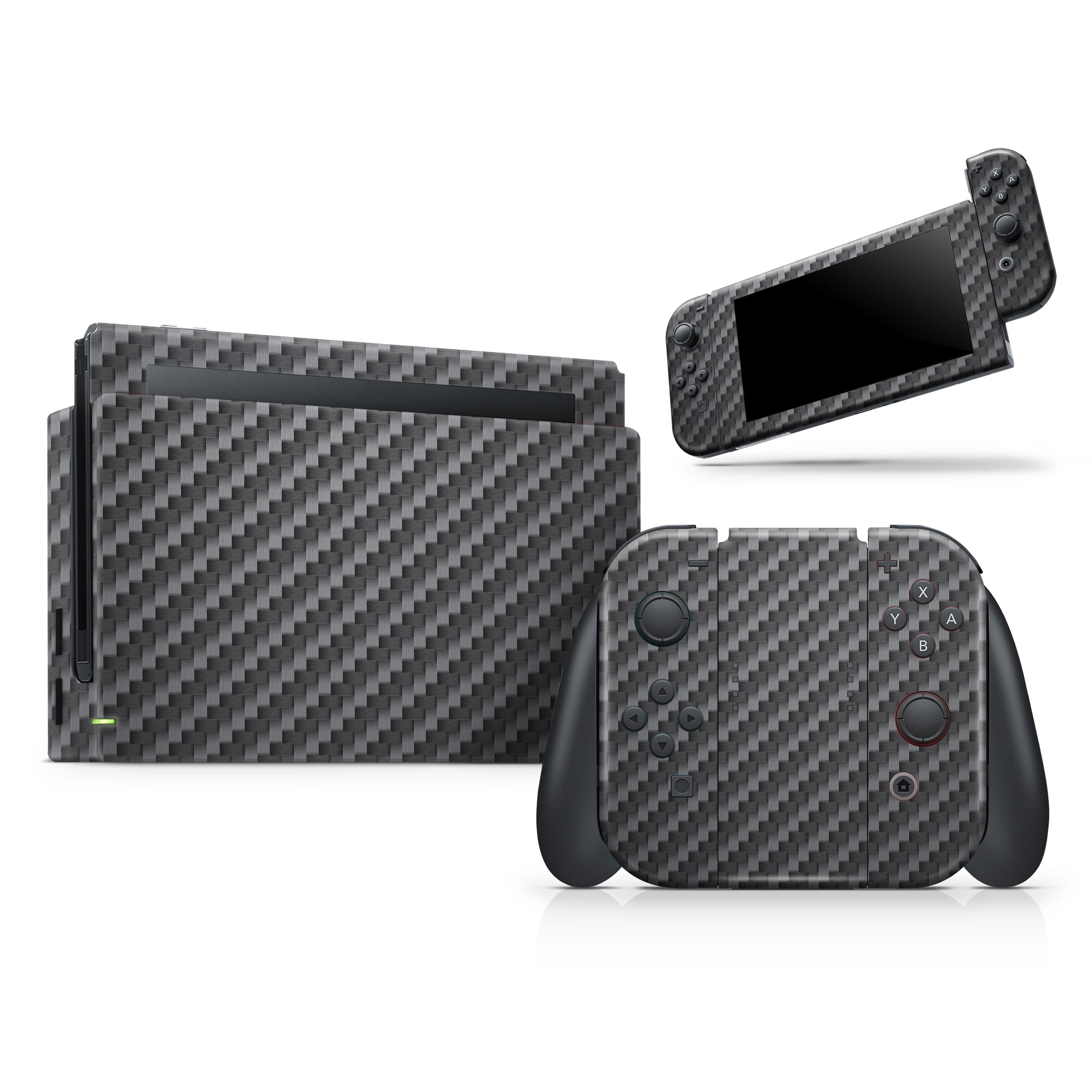 Textured Black Carbon Fiber Full Body Skin Decal Wrap Kit for Nintendo Switch, showcasing a sleek design and premium quality finish.