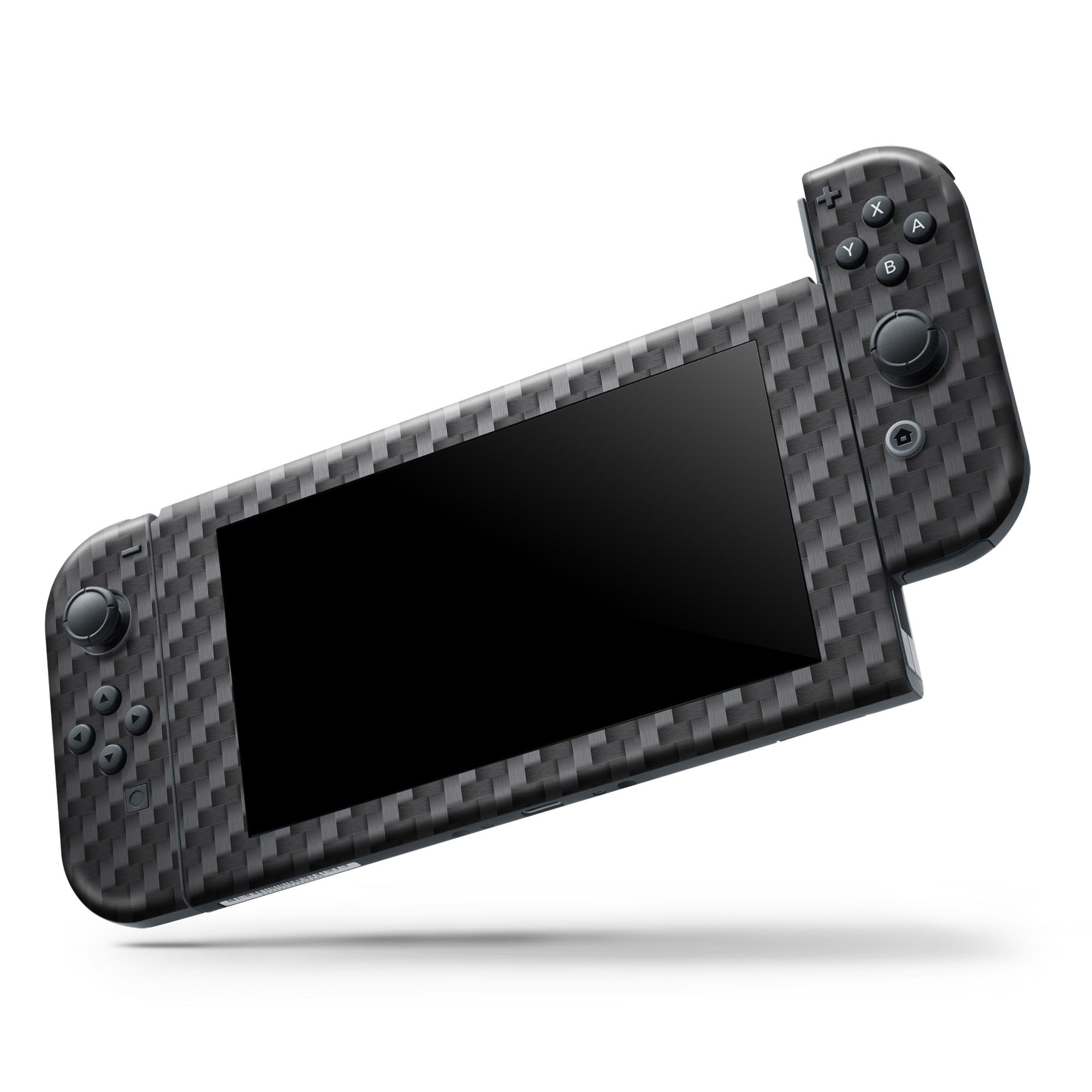 Textured Black Carbon Fiber Full Body Skin Decal Wrap Kit for Nintendo Switch, showcasing a sleek design and premium quality finish.