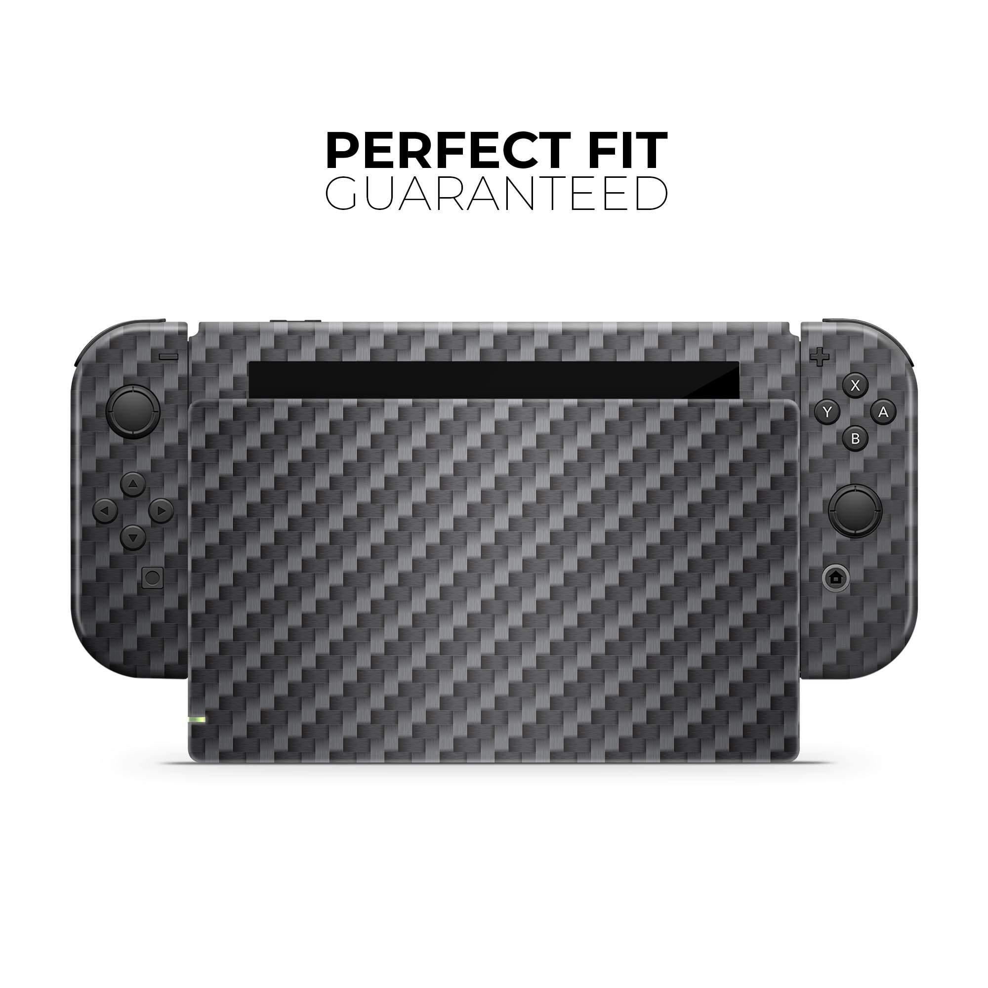Textured Black Carbon Fiber Full Body Skin Decal Wrap Kit for Nintendo Switch, showcasing a sleek design and premium quality finish.