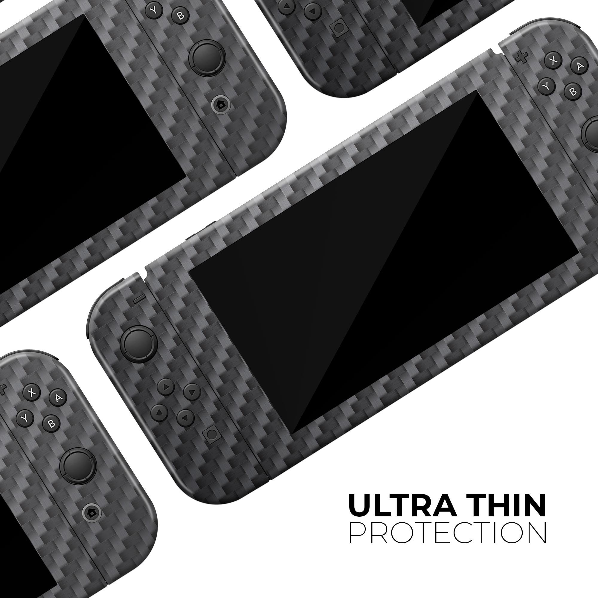 Textured Black Carbon Fiber Full Body Skin Decal Wrap Kit for Nintendo Switch, showcasing a sleek design and premium quality finish.