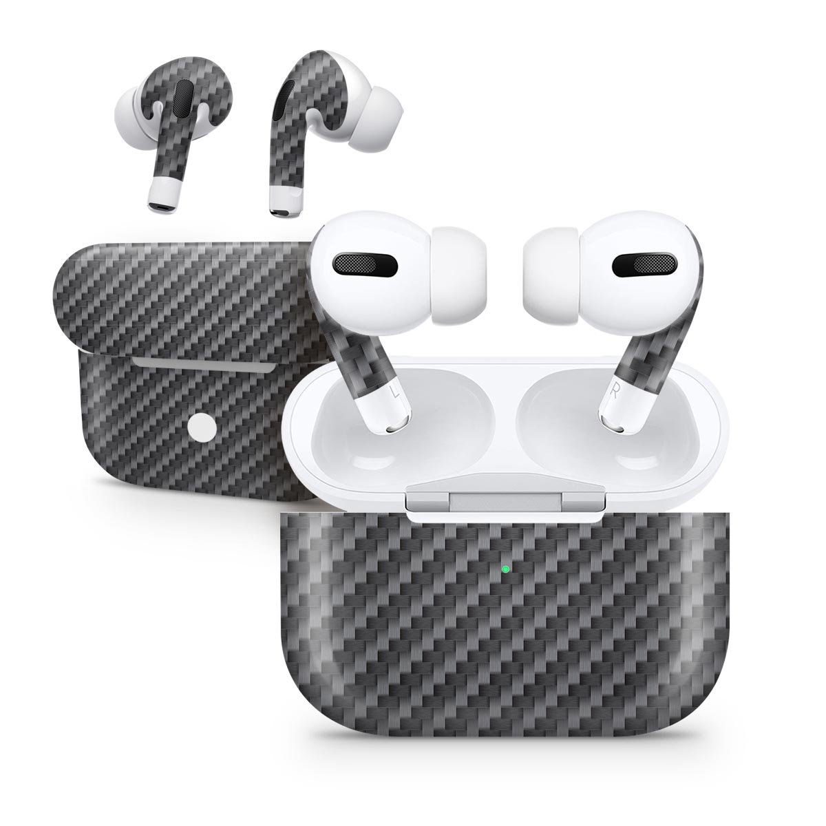 Textured Black Carbon Fiber Skin Decal Wrap Kit for Apple AirPods Pro, showcasing a sleek design and matte finish.