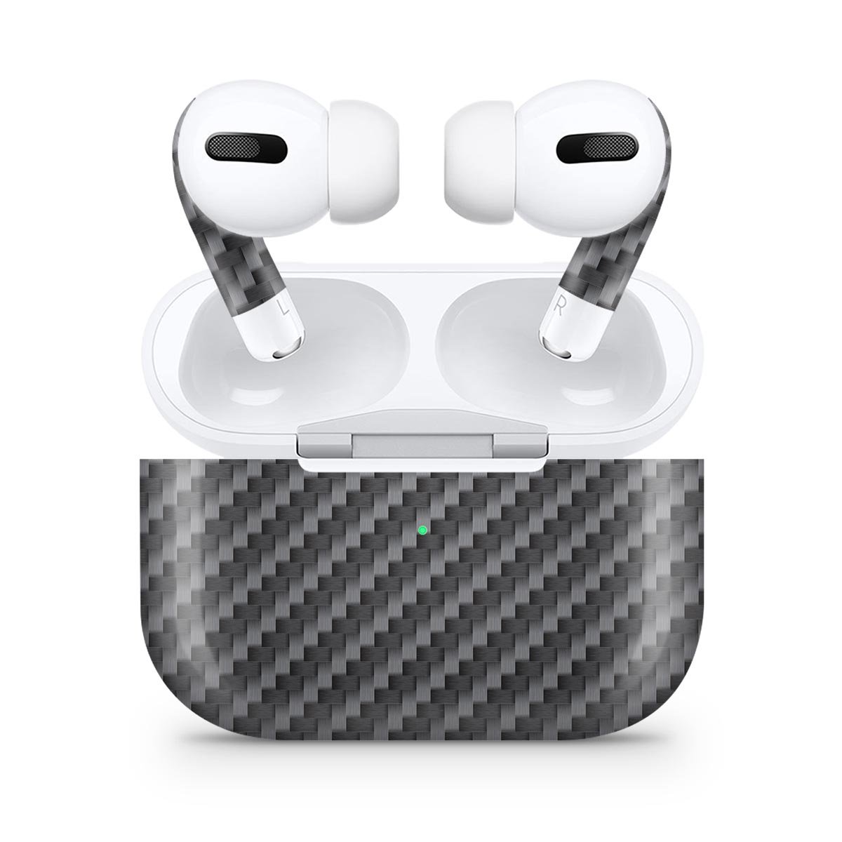 Textured Black Carbon Fiber Skin Decal Wrap Kit for Apple AirPods Pro, showcasing a sleek design and matte finish.