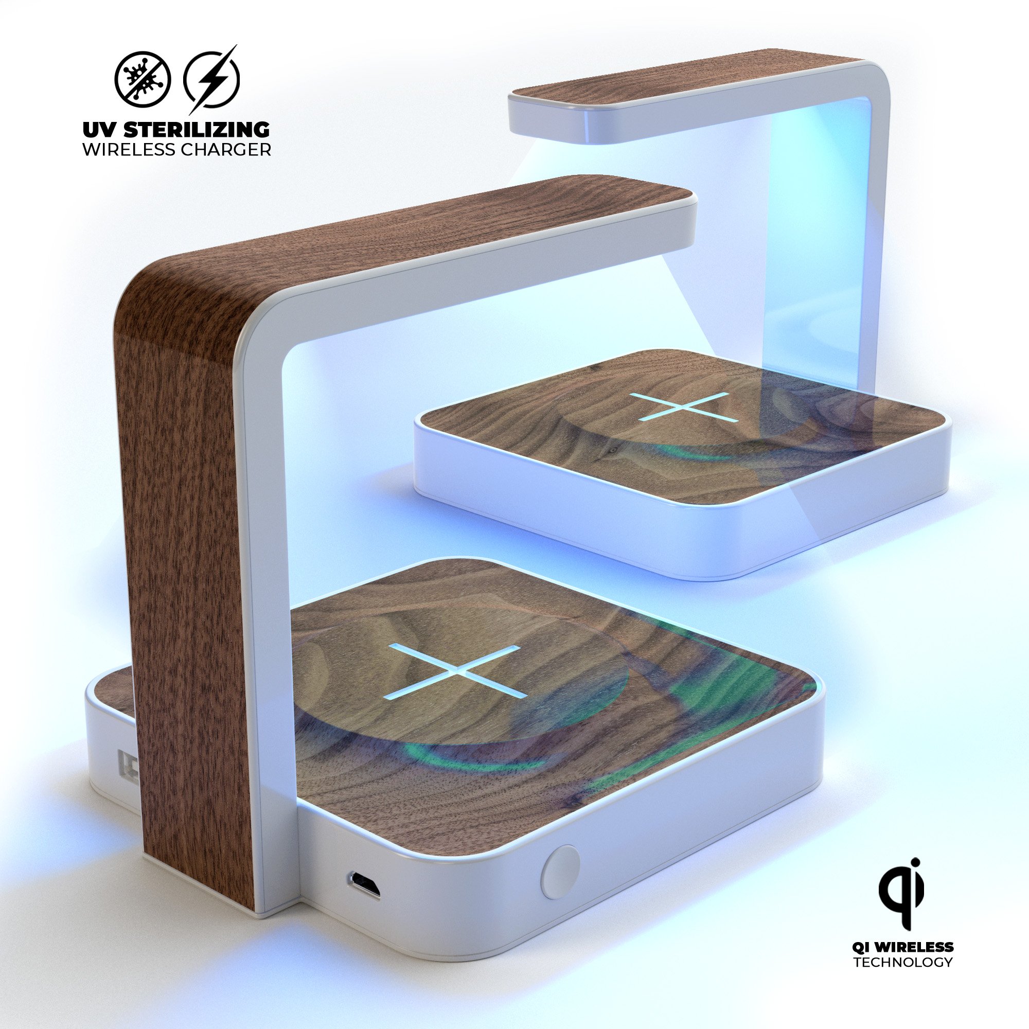Textured Raw Walnut UV Germicidal Sanitizing Wireless Charger with phone on top, showcasing its sleek design and functionality.