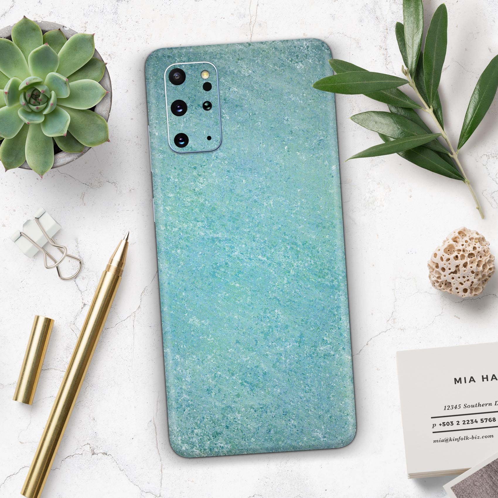 Textured teal skin for Samsung Galaxy S20, showcasing a stylish design with a smooth finish.