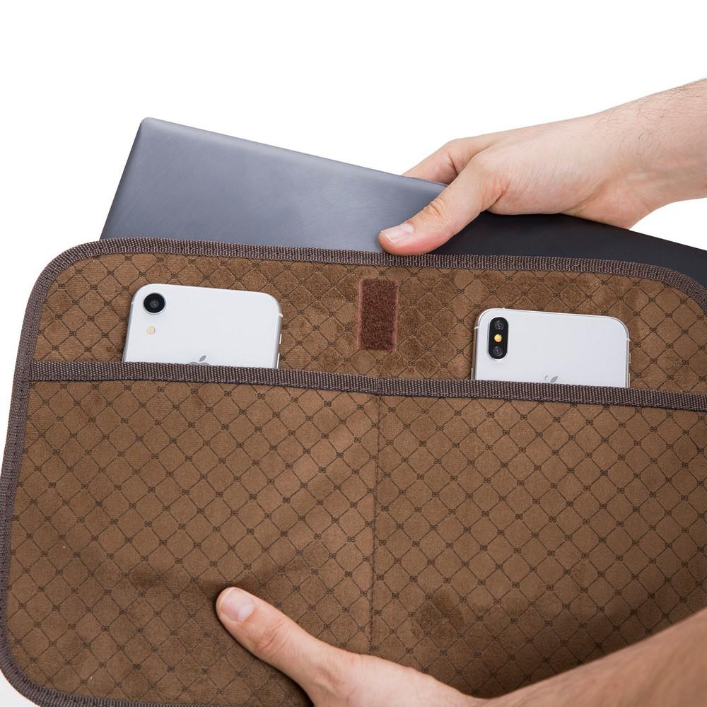 Thasos Leather Laptop Bag in rich brown leather with adjustable straps and multiple compartments for organization.