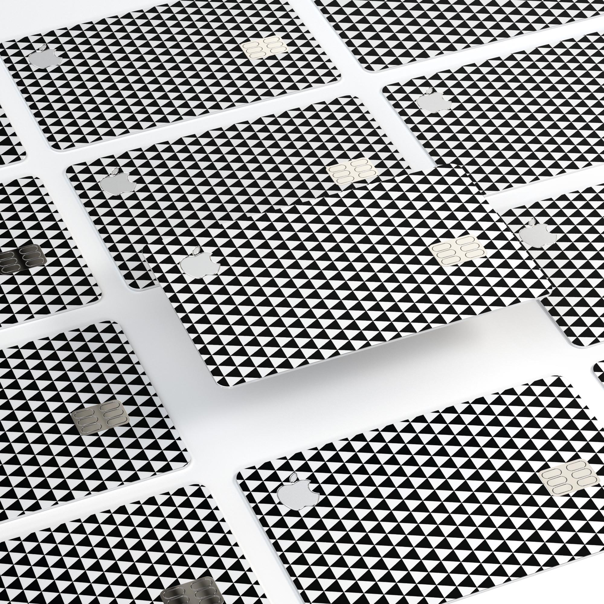 The All Over Black Micro Triangles decal skin-kit for Apple Card, showcasing a sleek triangle pattern on premium vinyl.