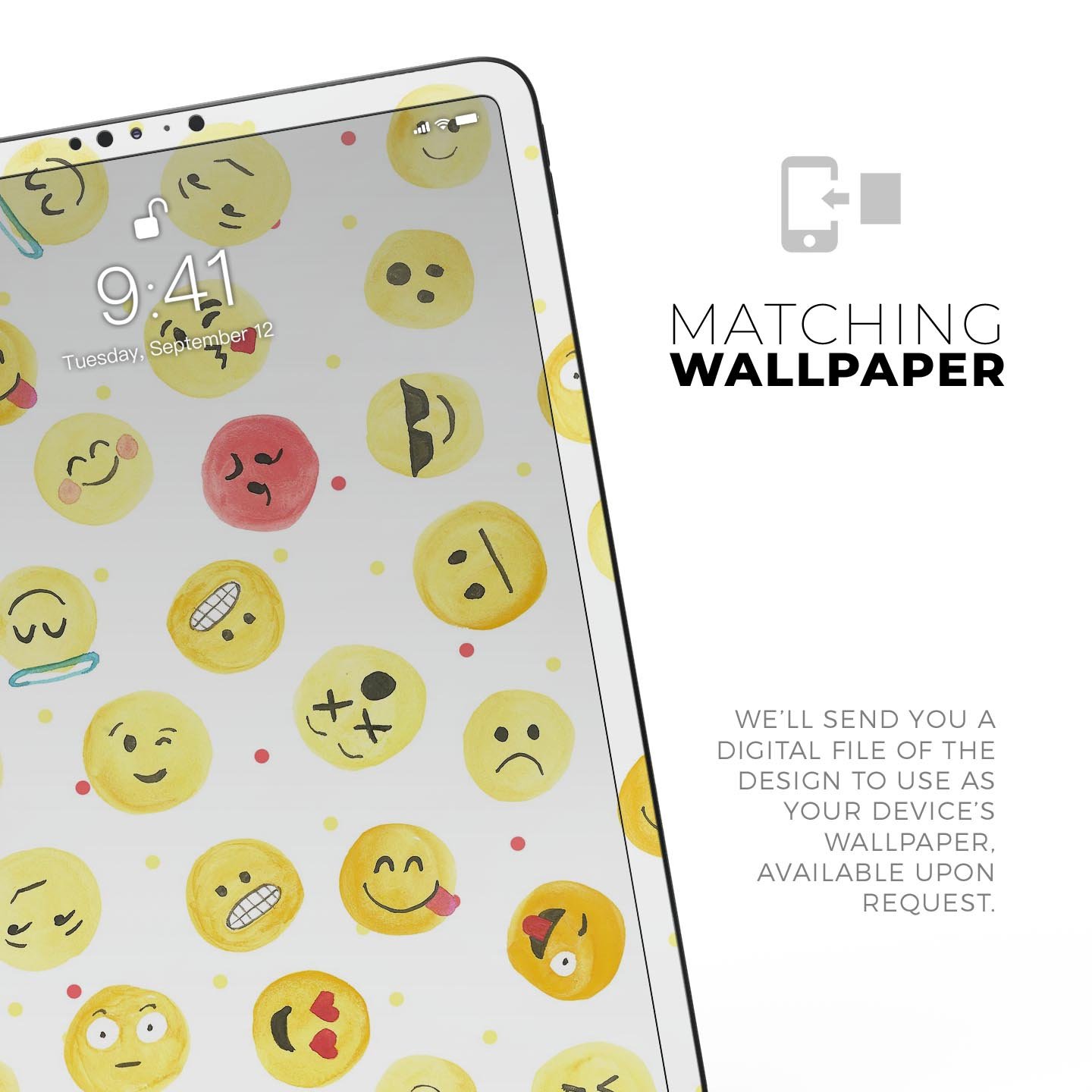 Full body skin decal featuring a colorful all-over emoji pattern designed for Apple iPad, showcasing vibrant graphics and a sleek finish.