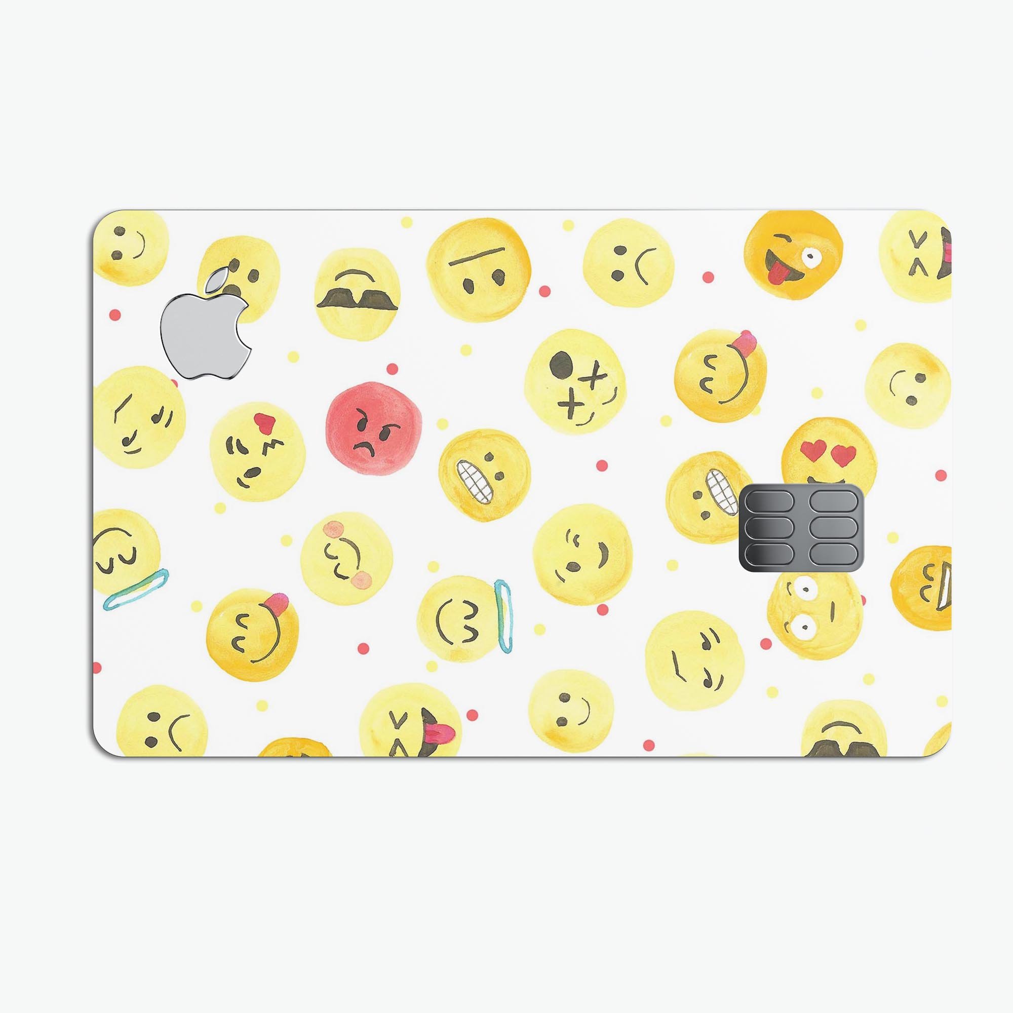 All Over Emoji Pattern Premium Protective Decal Skin-Kit for Apple Card, showcasing vibrant emojis on a sleek vinyl surface.