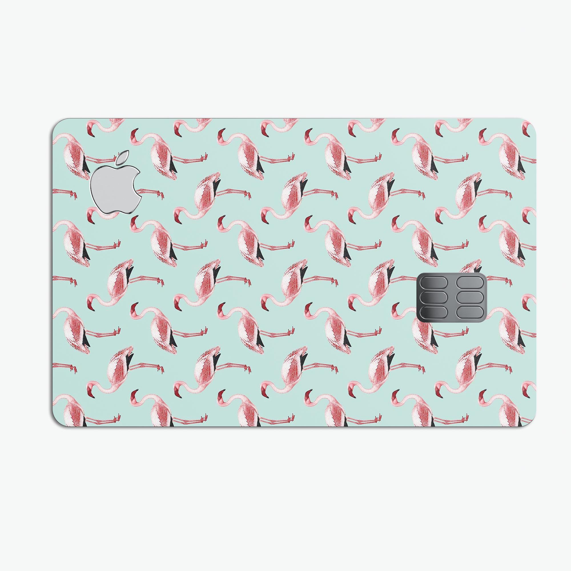 All Over Mint Flamingo Pattern Premium Protective Decal for Apple Card, showcasing vibrant mint and pink flamingo design.