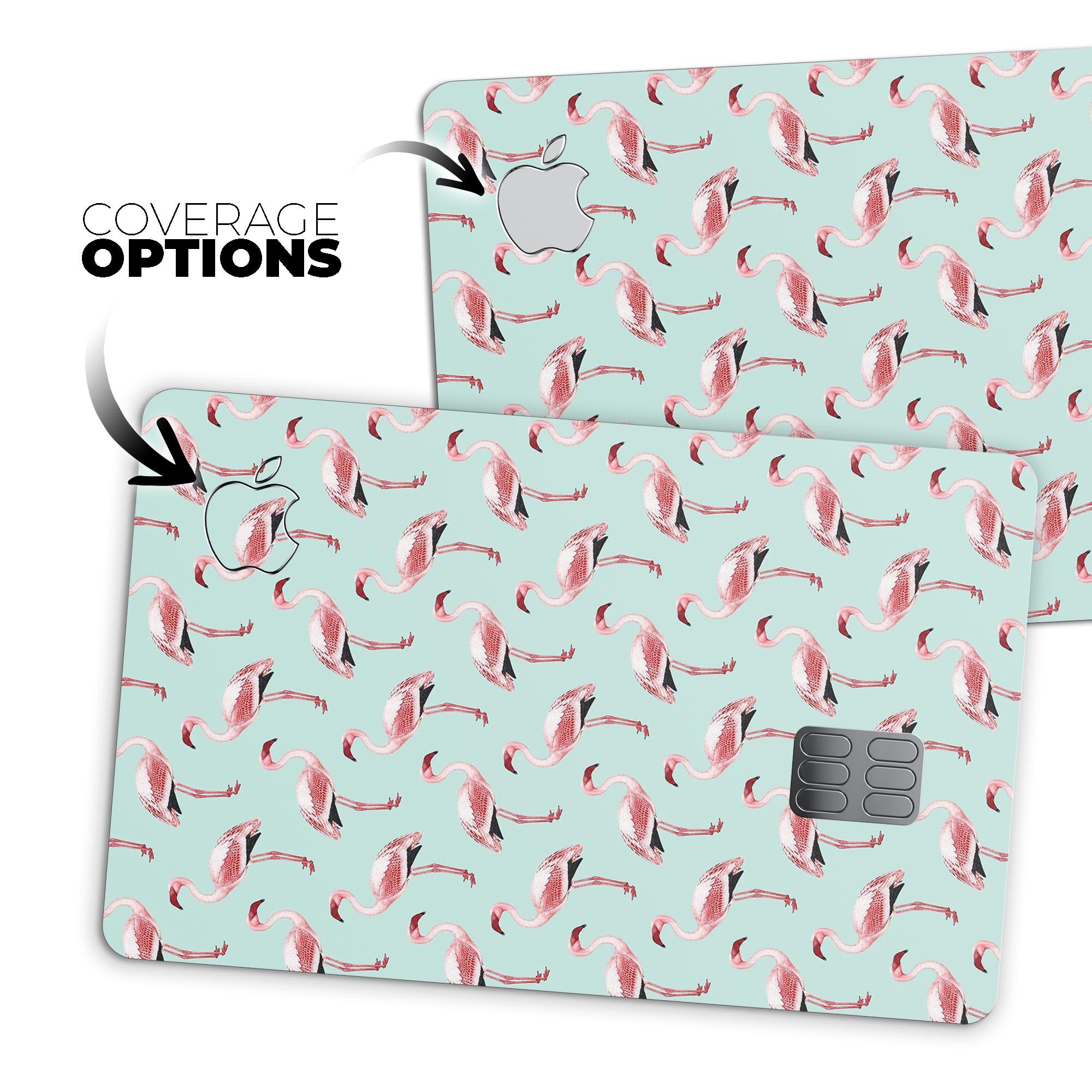 All Over Mint Flamingo Pattern Premium Protective Decal for Apple Card, showcasing vibrant mint and pink flamingo design.