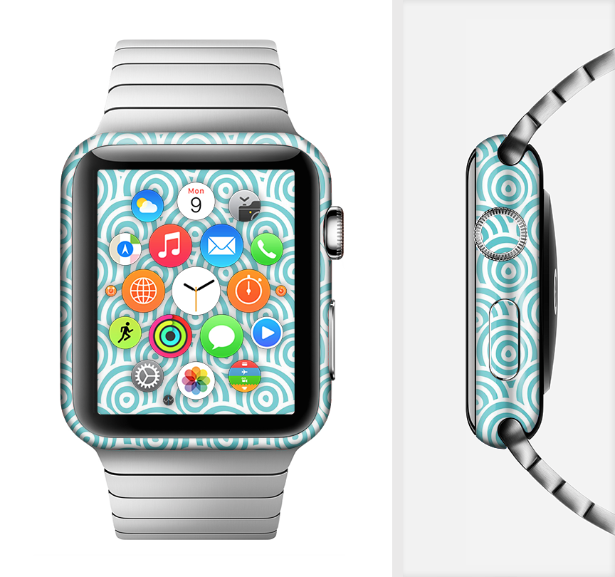 Aqua Blue & White Swirls Full-Body Skin Kit for Apple Watch, showcasing vibrant colors and sleek design.