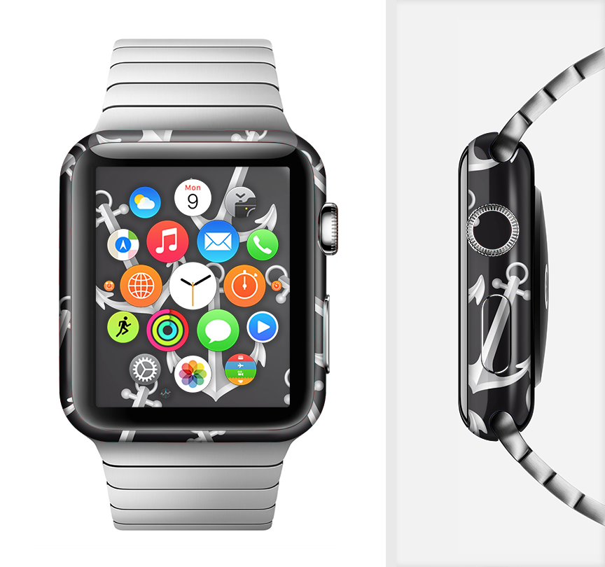 The Black Anchor Collage Full-Body Skin Kit for Apple Watch, showcasing a stylish design with premium vinyl material for protection.