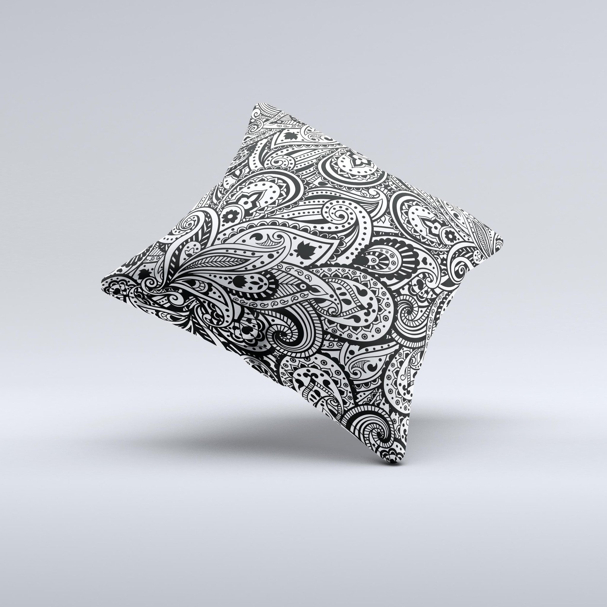 Handcrafted Black and White Aztec Paisley ink-Fuzed Decorative Throw Pillow with unique design and high-quality fabric.