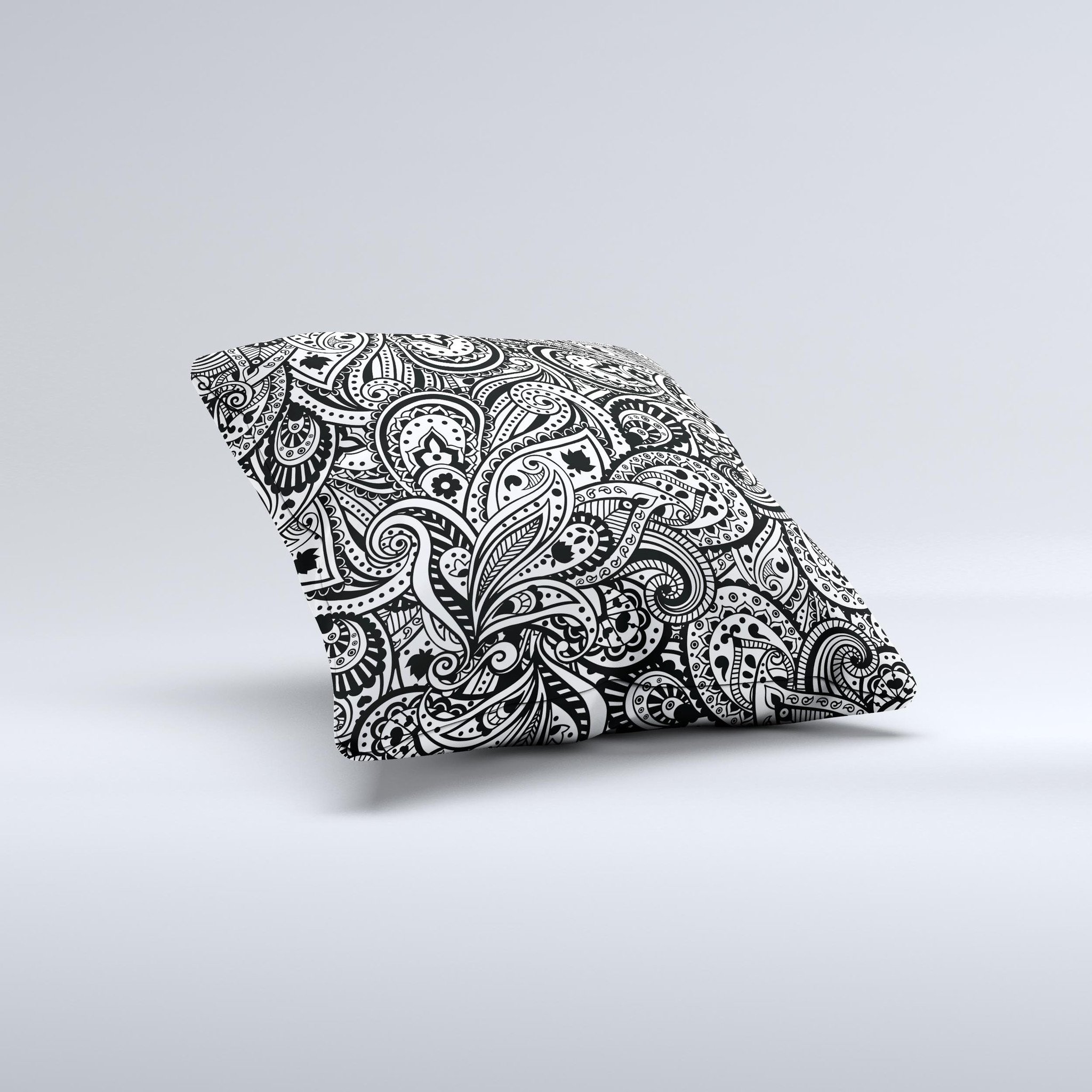 Handcrafted Black and White Aztec Paisley ink-Fuzed Decorative Throw Pillow with unique design and high-quality fabric.
