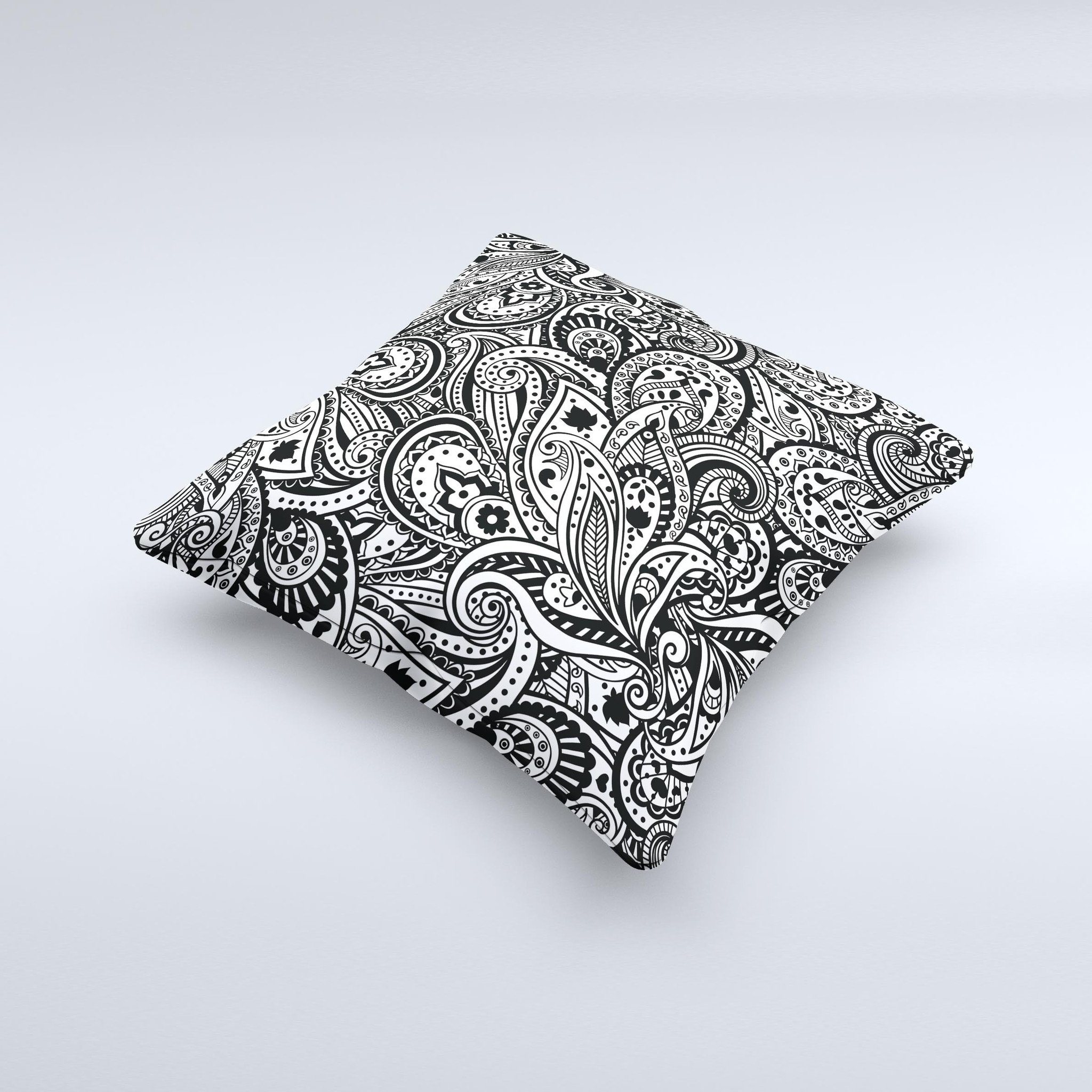 Handcrafted Black and White Aztec Paisley ink-Fuzed Decorative Throw Pillow with unique design and high-quality fabric.
