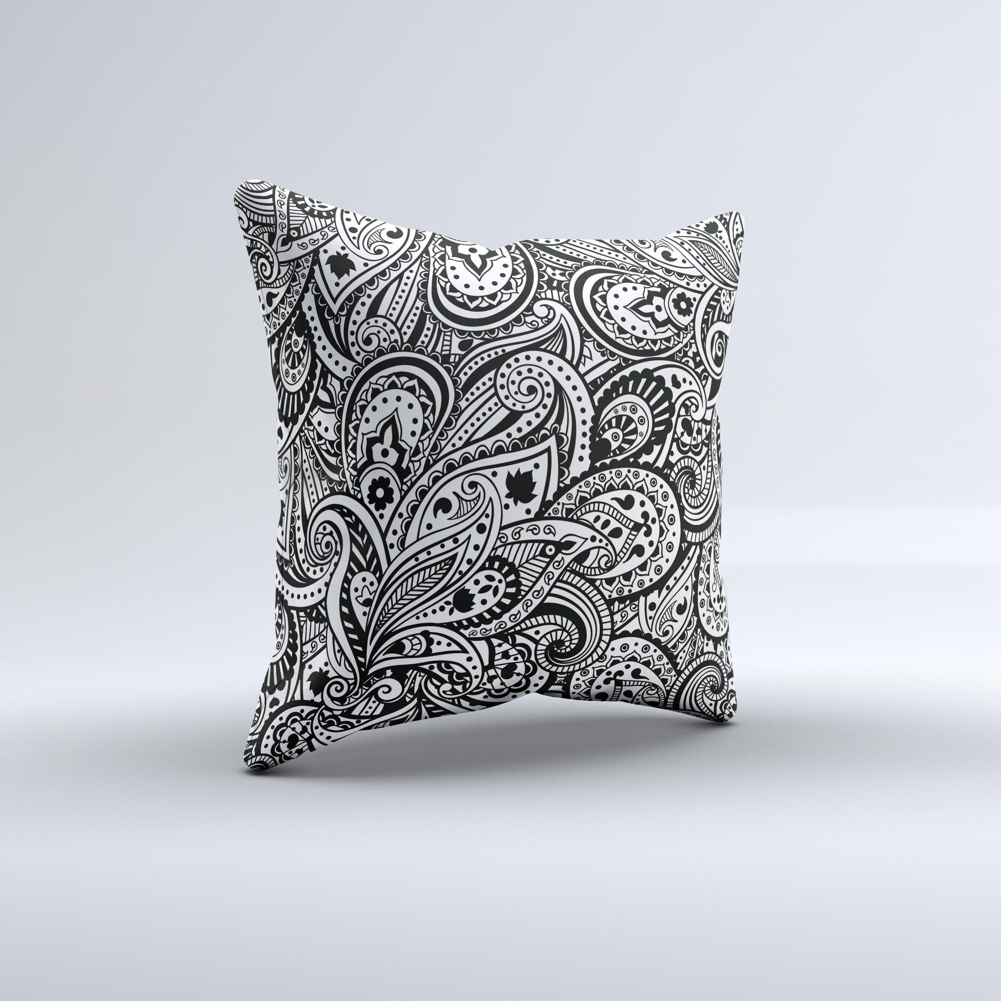 Handcrafted Black and White Aztec Paisley ink-Fuzed Decorative Throw Pillow with unique design and high-quality fabric.