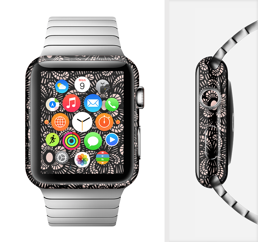 Black Floral Lace Full-Body Skin Kit for Apple Watch, showcasing elegant floral patterns on a sleek vinyl surface.