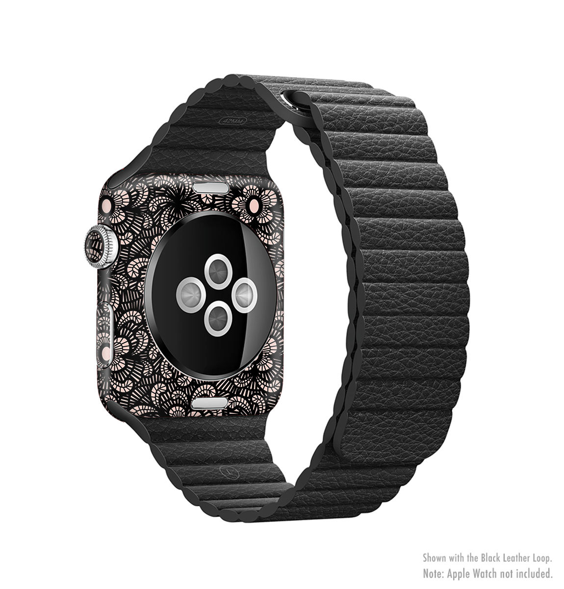 Black Floral Lace Full-Body Skin Kit for Apple Watch, showcasing elegant floral patterns on a sleek vinyl surface.
