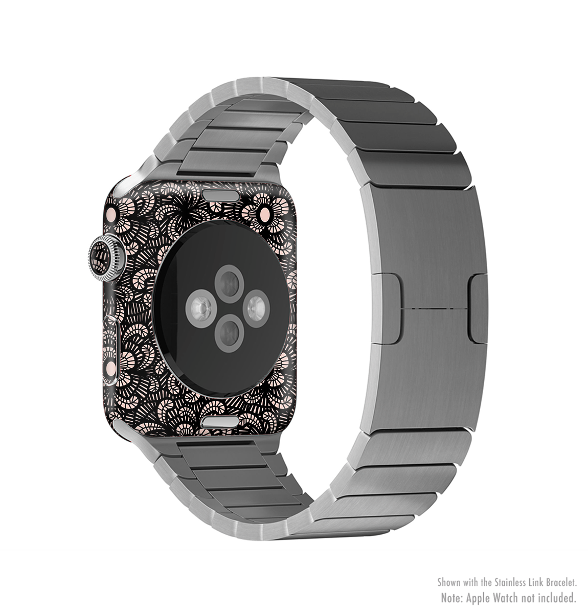 Black Floral Lace Full-Body Skin Kit for Apple Watch, showcasing elegant floral patterns on a sleek vinyl surface.