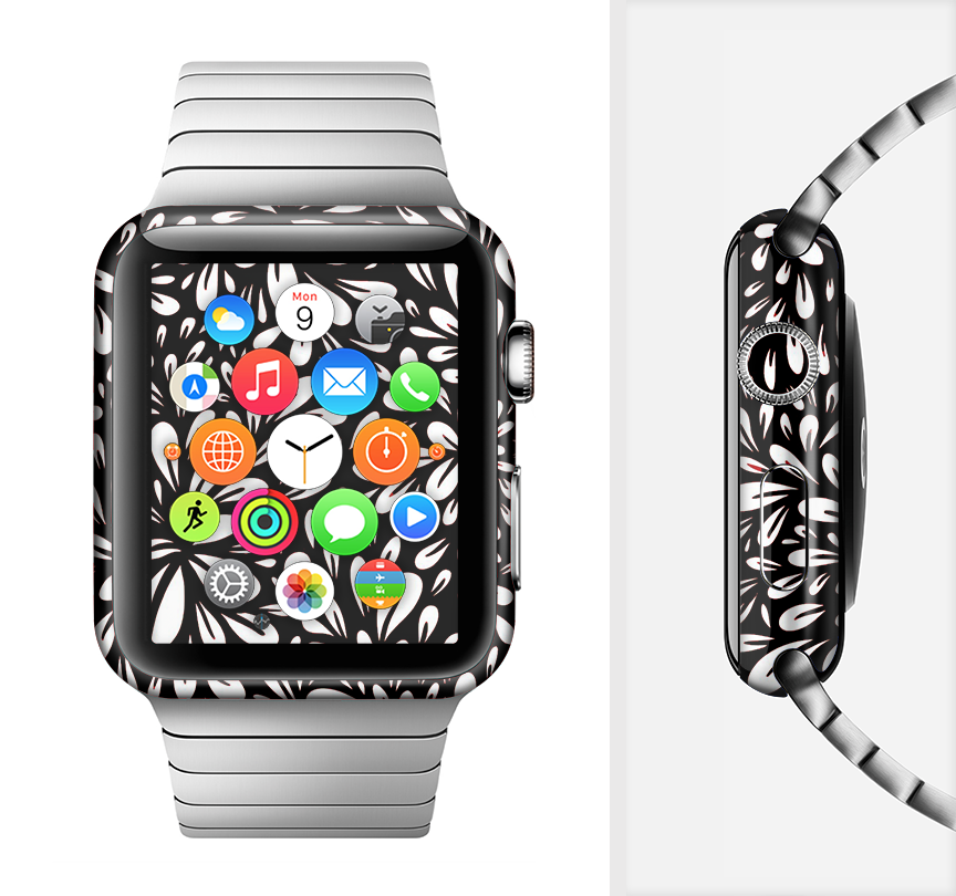 The Black Floral Sprout Full-Body Skin Kit for Apple Watch featuring a stylish floral design on premium vinyl.