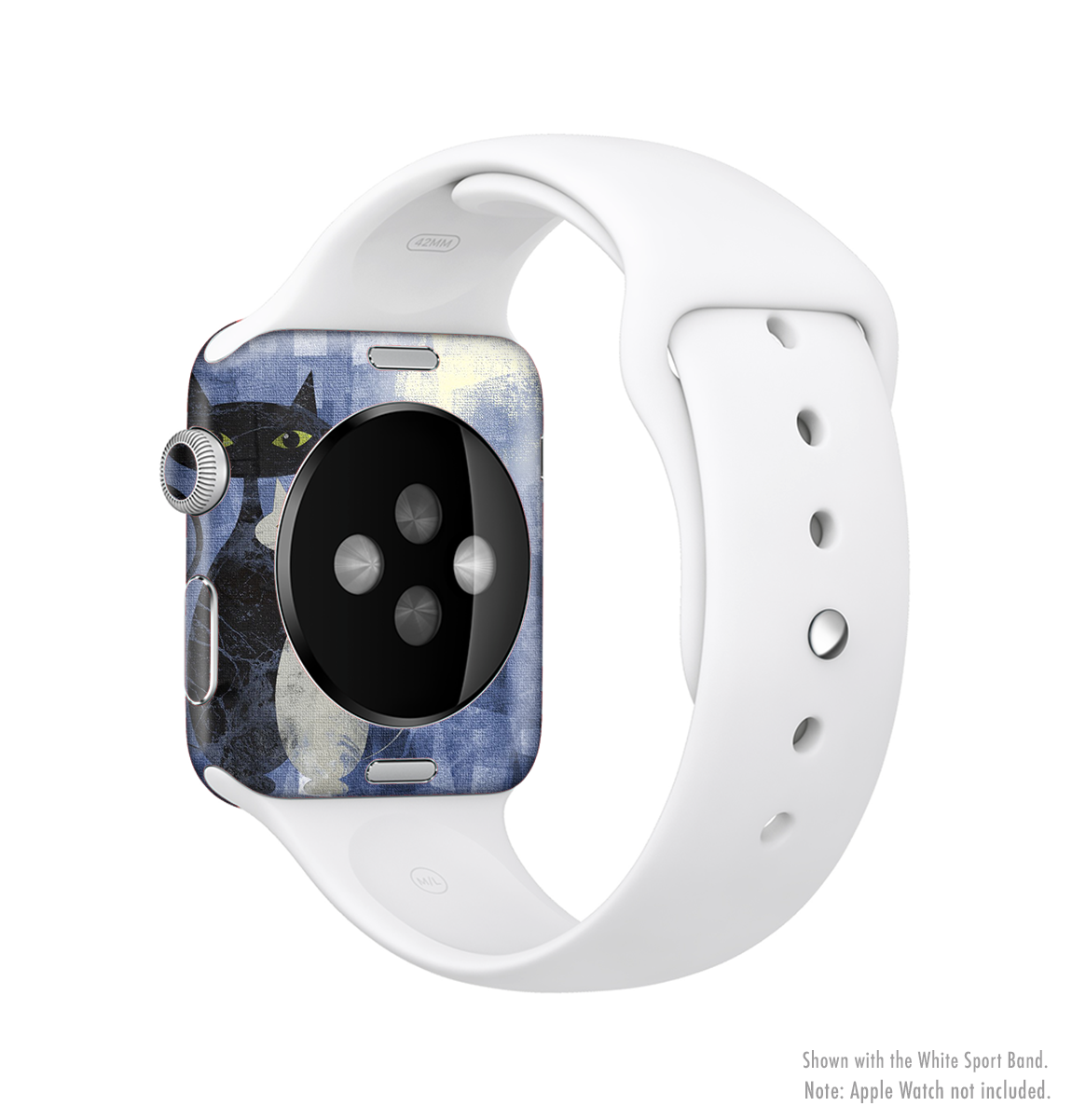 Blue grungy textured cat full-body skin kit for Apple Watch, showcasing its unique design and premium vinyl material.