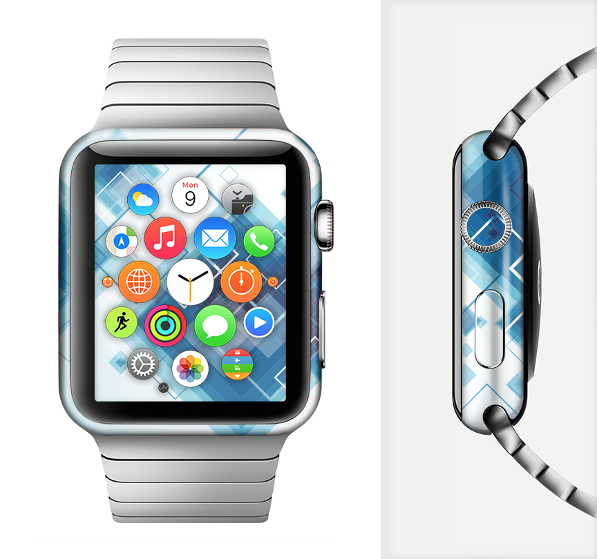 The Blue Levitating Squares Full-Body Skin Kit for Apple Watch showcasing a stylish blue design that fits perfectly on the watch.