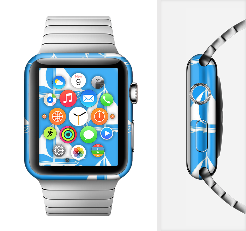 The Blue Vector Sailboats Full-Body Skin Kit for Apple Watch, showcasing a vibrant design and premium vinyl material.