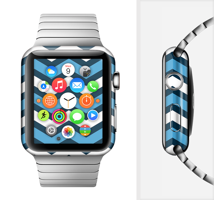 Blue Wide Chevron Pattern Full-Body Skin Kit for Apple Watch, showcasing a vibrant chevron design on a sleek watch.