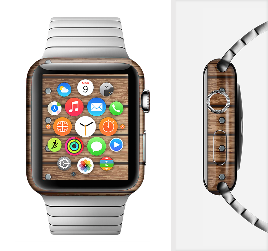 Bolted Wood Planks Full-Body Skin Kit for Apple Watch showcasing a stylish wood design.