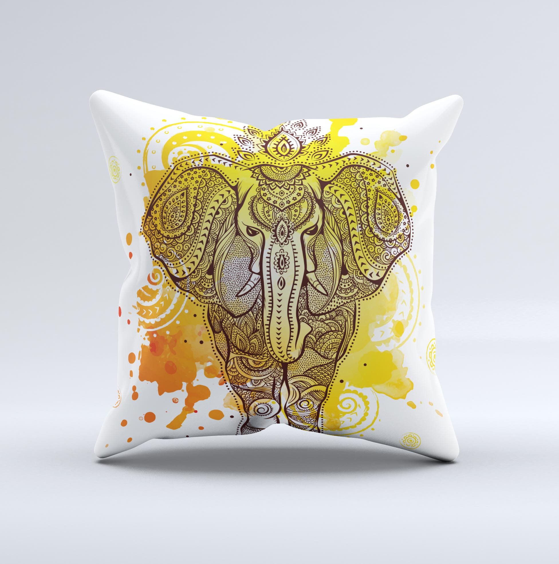 Bright orange decorative throw pillow featuring an ethnic elephant design, handcrafted in Virginia with high-quality materials.