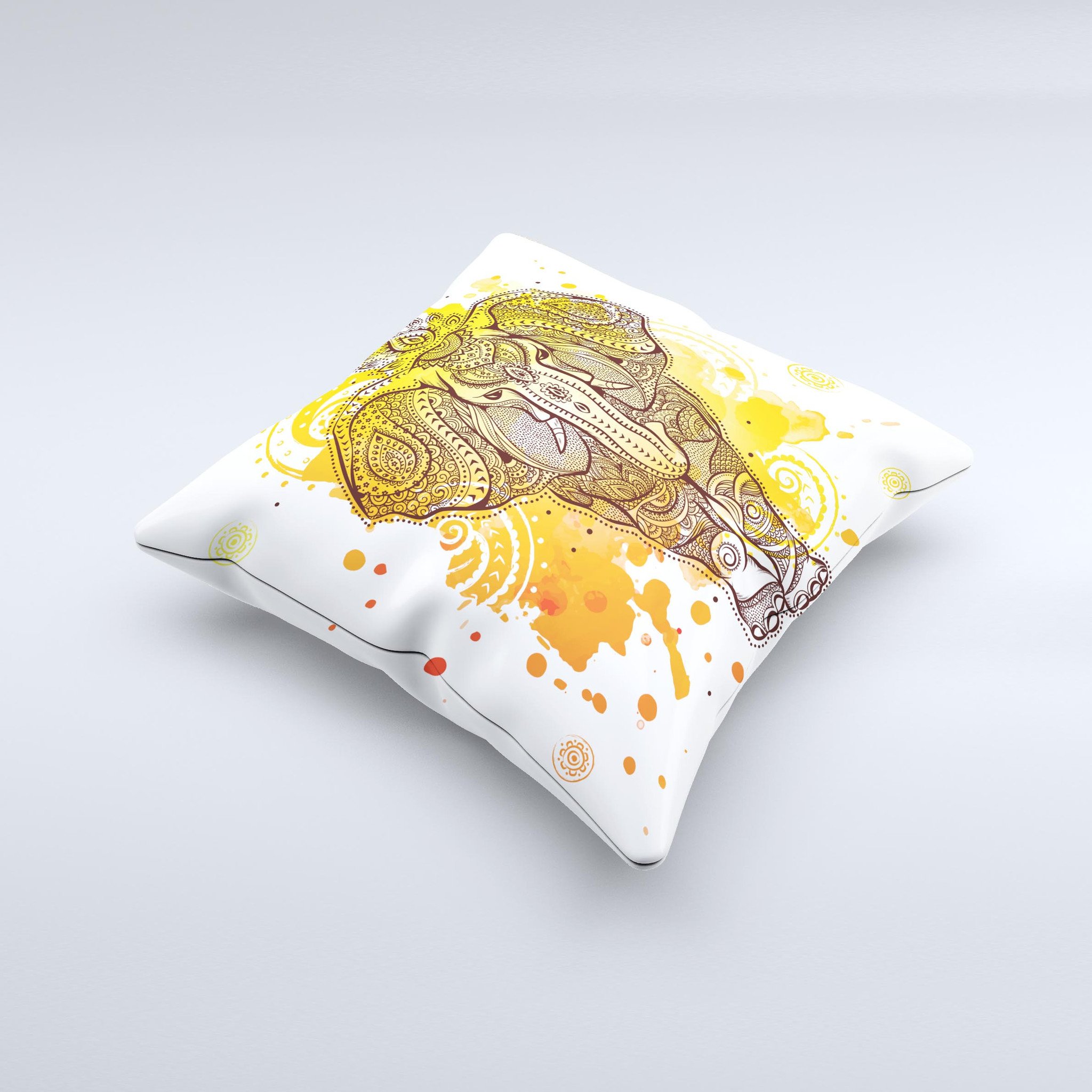 Bright orange decorative throw pillow featuring an ethnic elephant design, handcrafted in Virginia with high-quality materials.