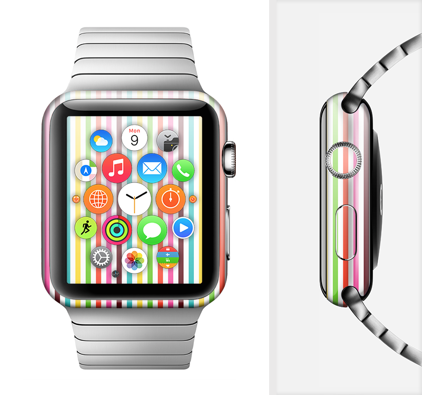 The Bright Vector Striped Full-Body Skin Kit for Apple Watch showcasing vibrant stripes and a sleek design.