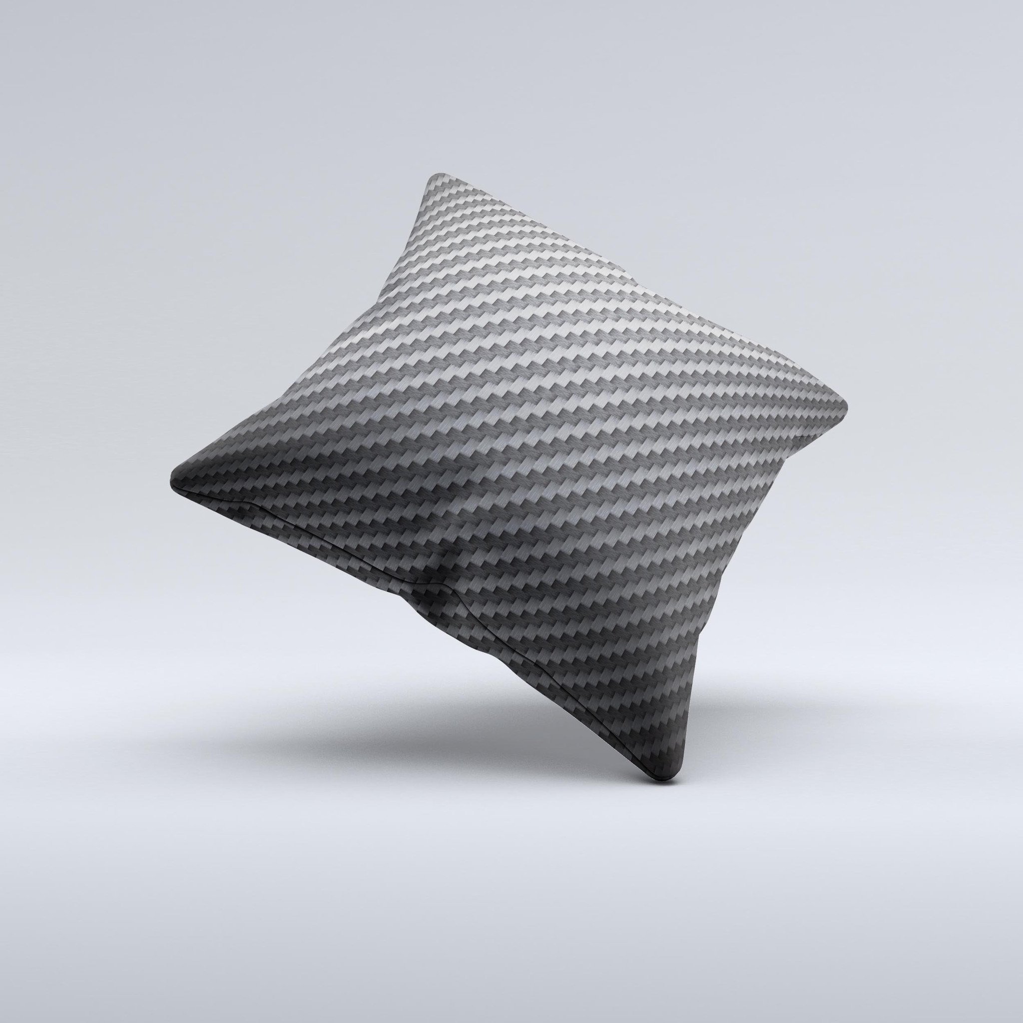 A decorative throw pillow featuring a carbon fiber texture design, showcasing its unique handmade quality and high thread count fabric.