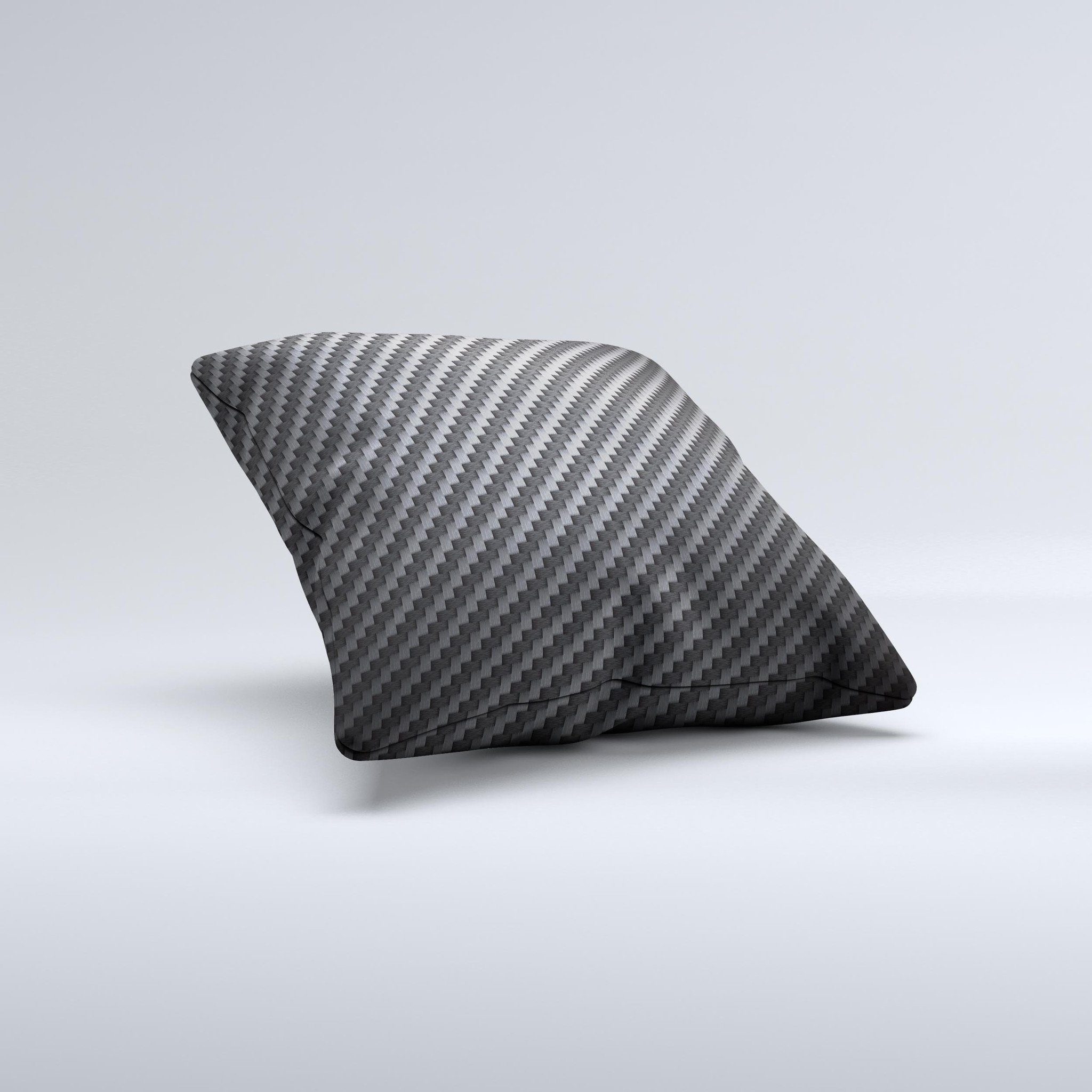 A decorative throw pillow featuring a carbon fiber texture design, showcasing its unique handmade quality and high thread count fabric.